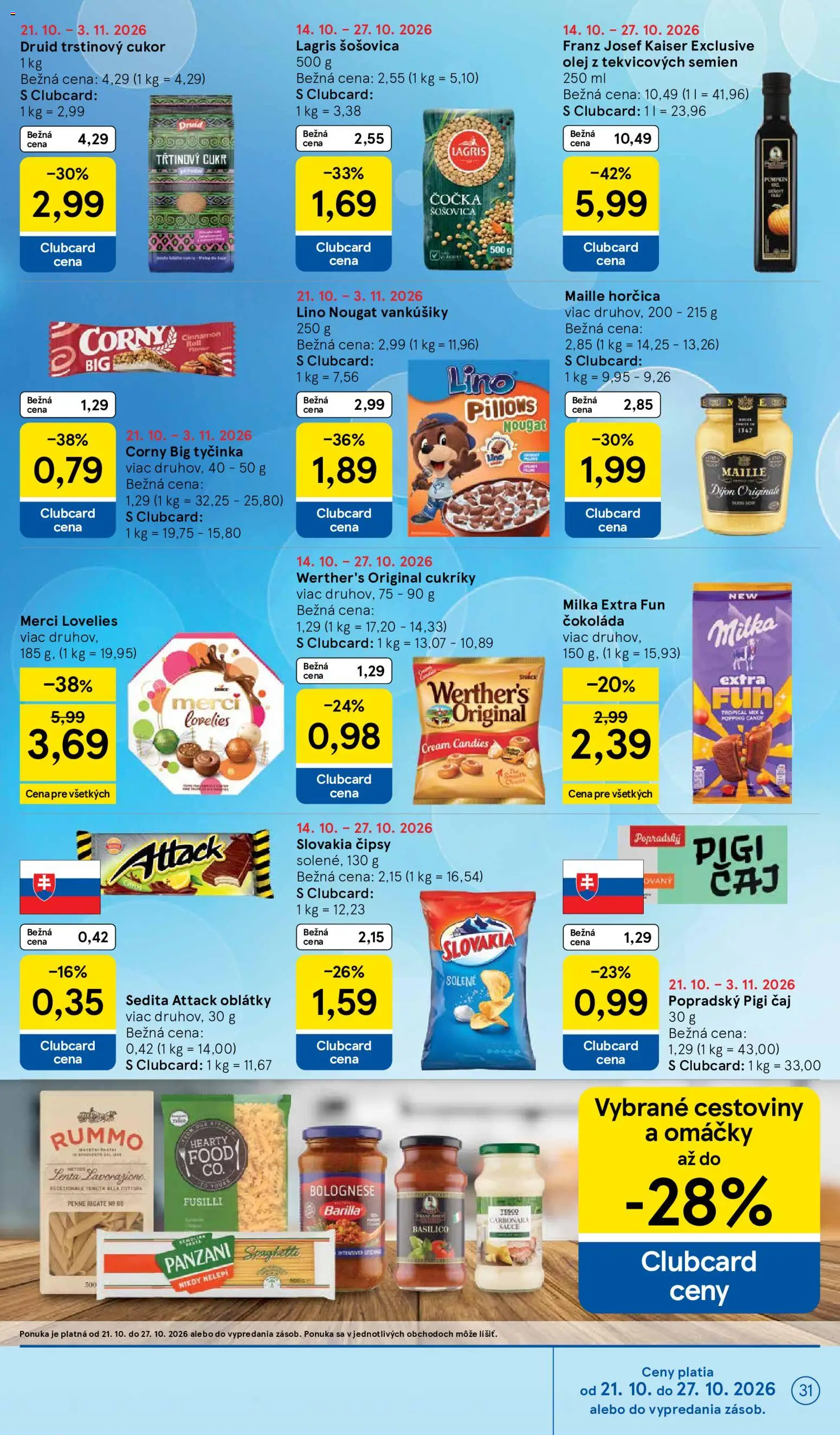 Náhľad Tesco letáku platného od 21.10.2026 - Olej, Milka, Fusilli, Merci, Cukor, Šošovica, Trstinový cukor, Oblátky