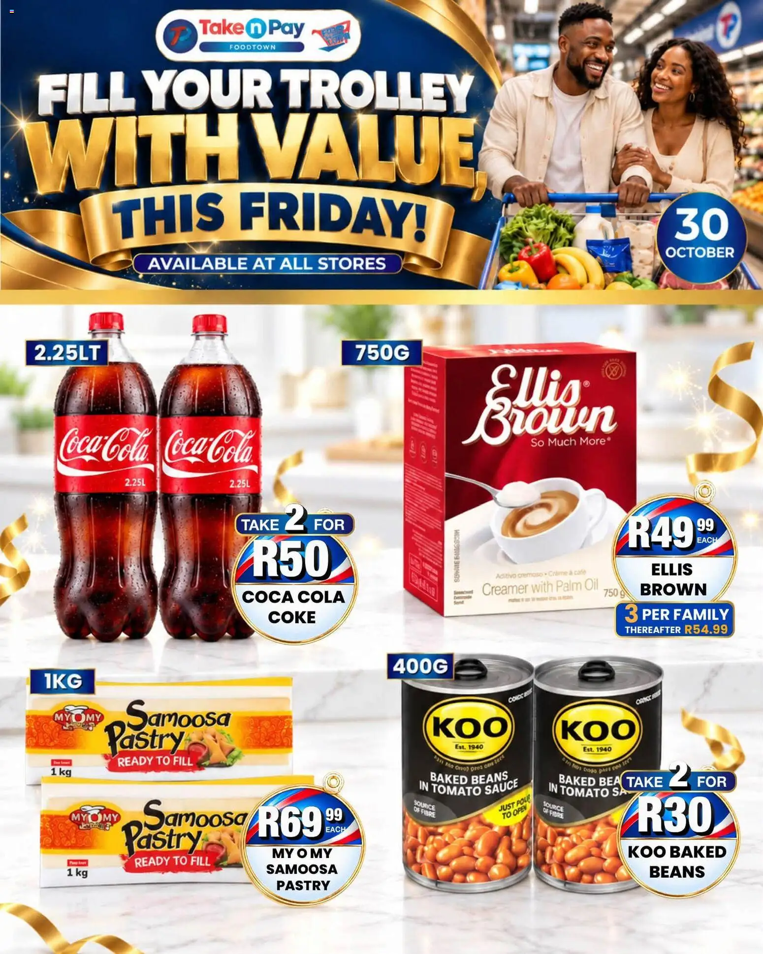 Preview of Take n Pay flyer valid from 30/10/2026 - Coke, Oil, Beans, Pastry, Tomato sauce, Baked beans, Sauce, Creamer