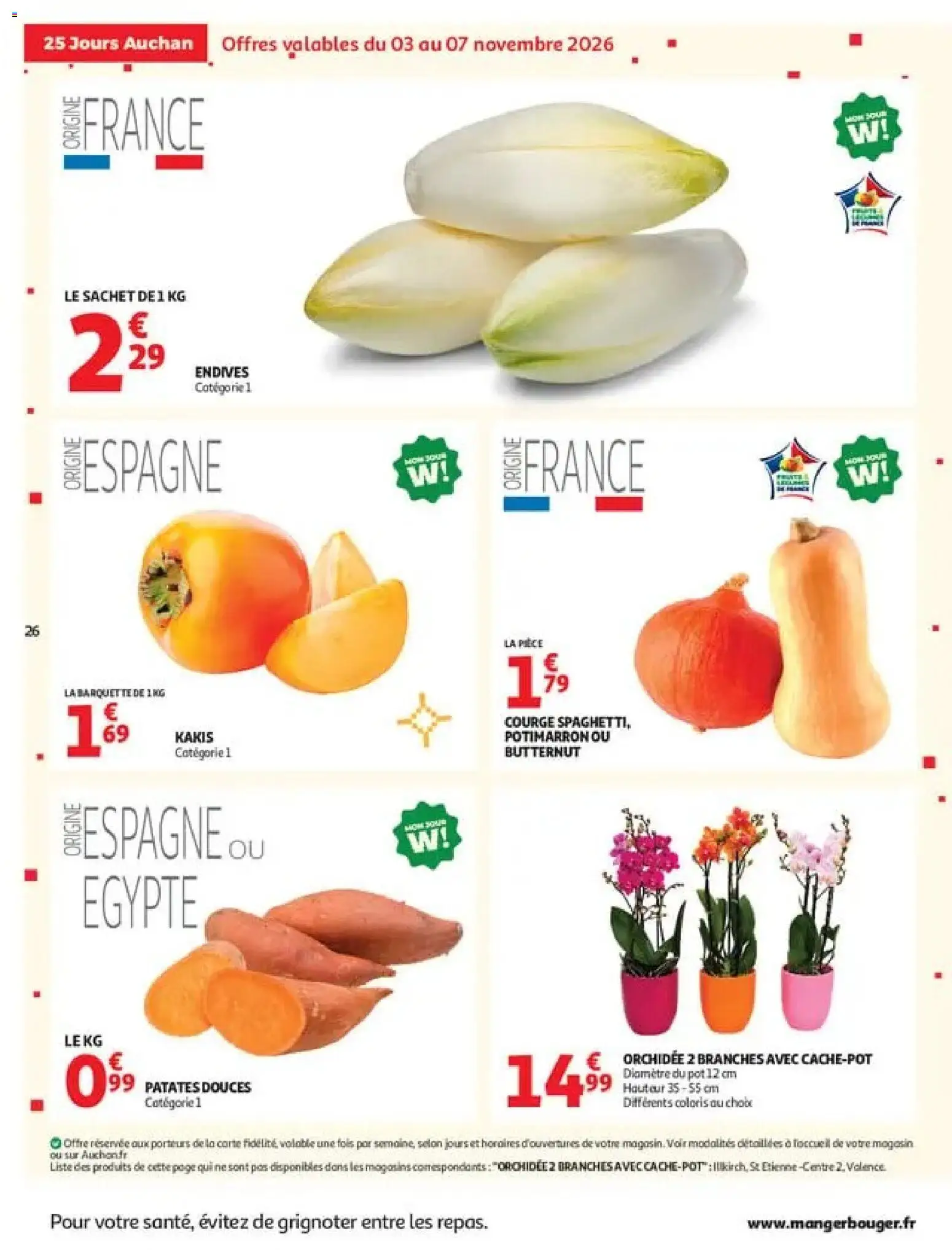 Prévisualisation de Auchan 25 jours 2 hypers du magasin Auchan formulaire valide 03/11/2026 - Butternut, Patates douces, Potimarron, Orchidée, Courge, Endives, Potimarron ou butternut, Cache-pot