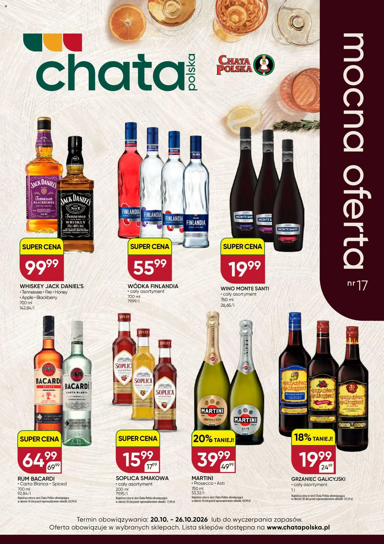 Pogląd gazetki "Chata Polska gazetka - Mocna Oferta" ze sklepu Chata Polska ważnej od 20.10.2026 - Wino, Martini, Bacardi, Wódka, Soplica, Monte Santi, Martini prosecco, Jack Daniel's