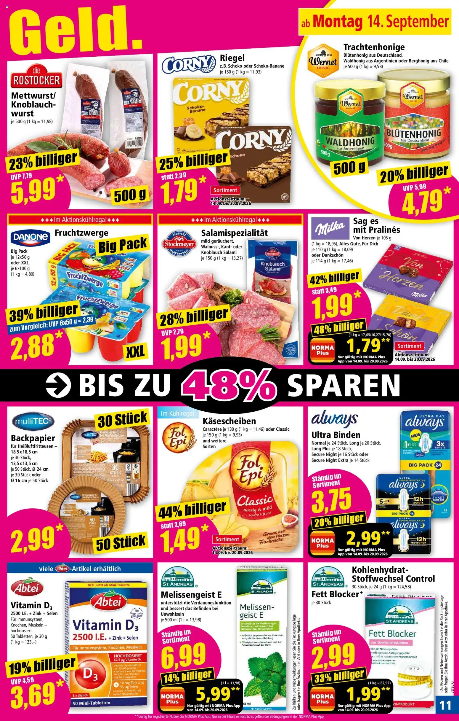Vorschau von dem Prospekt des Geschäftes Norma, gültig ab dem 14.09.2026 - Wurst, Milka, Knoblauch, Salami, Fruchtzwerge, Corny riegel