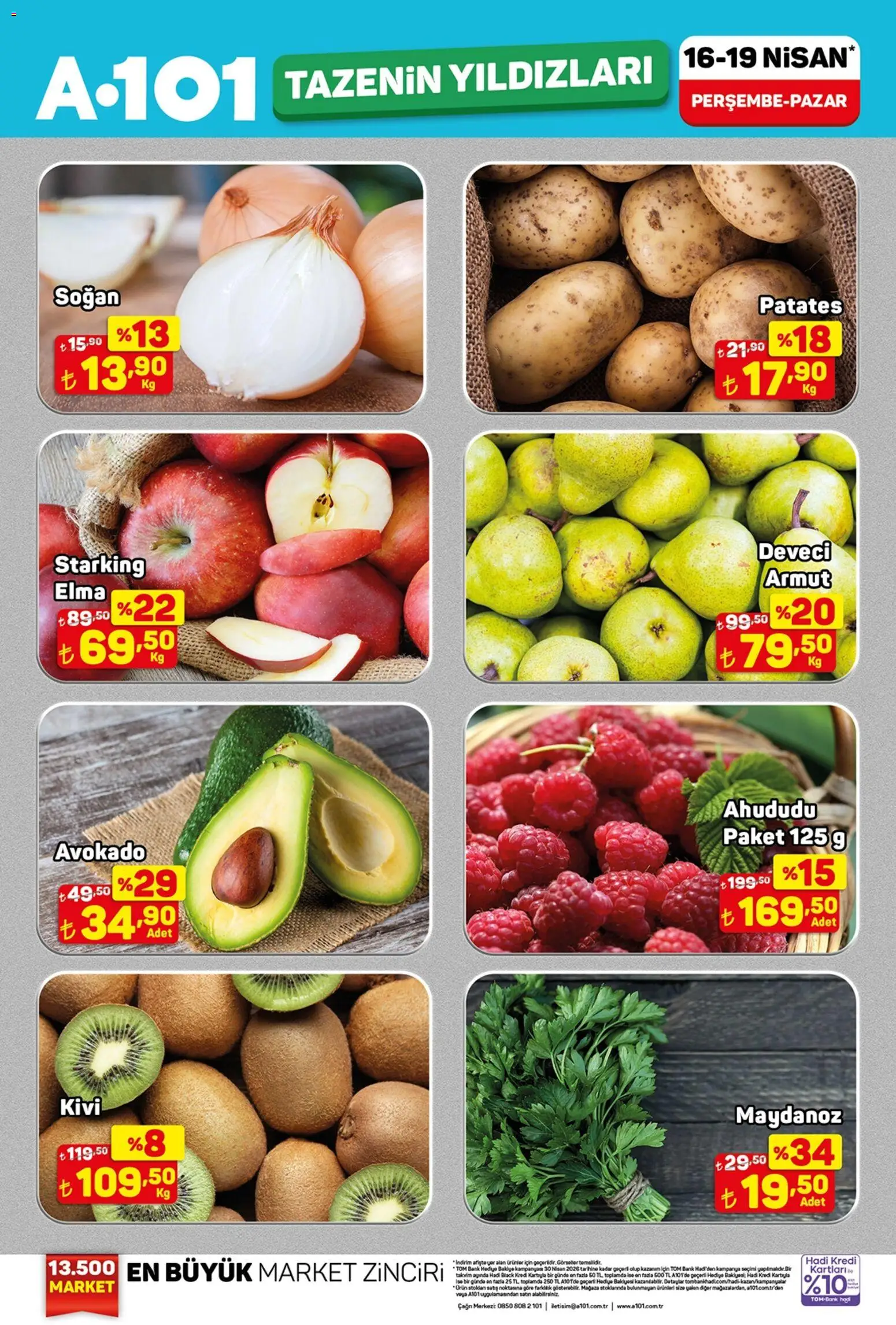 A101 A101 - Tazenin Yıldızları 16.04.2026 - Broşürünün önizlemesi - Armut, Avokado, Patates, Ahududu, Elma, Maydanoz, Kivi, Soğan