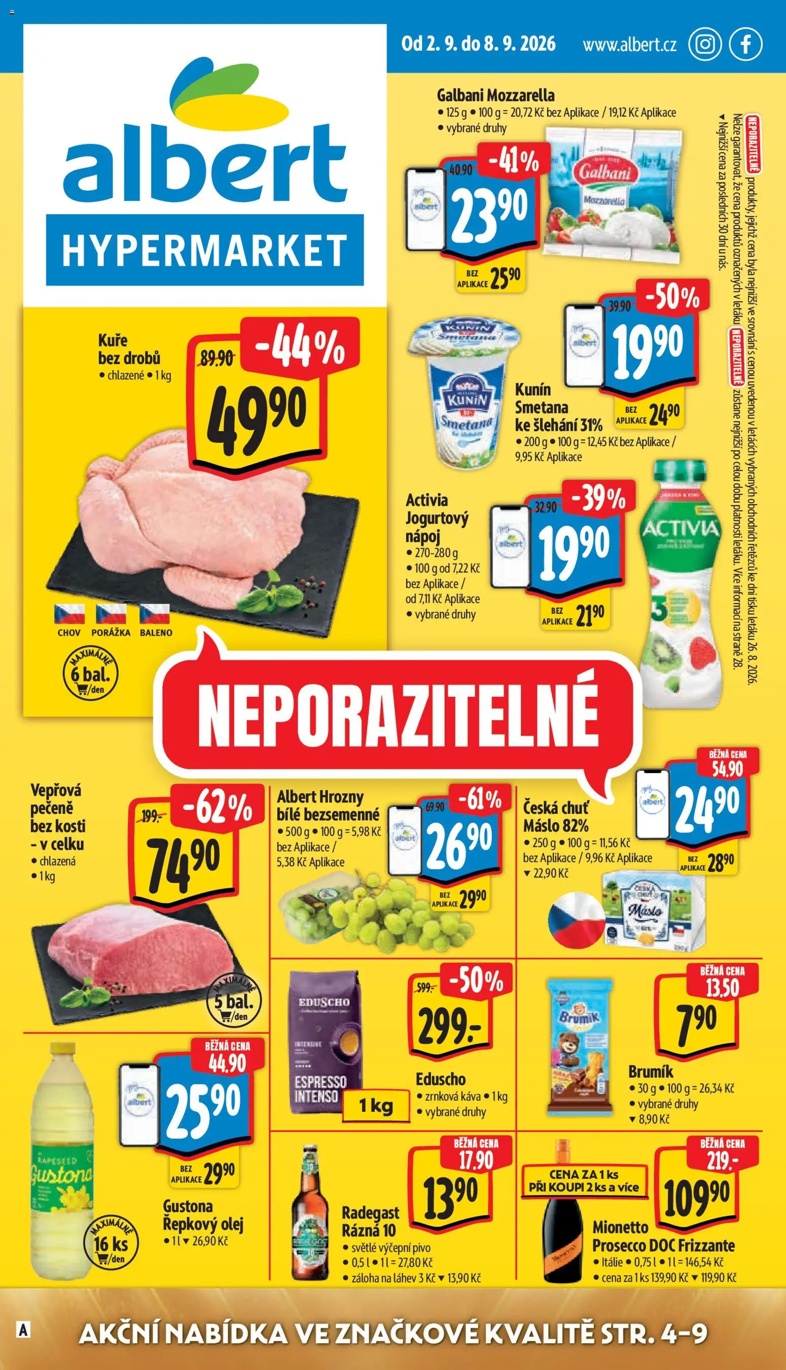 Náhled nabídky: Albert Albert leták - Hypermarket platný od 02.09.2026 - Máslo, Prosecco, Vepřová pečeně, Olej, Kuře, Smetana ke šlehání, Mionetto Prosecco, Mionetto