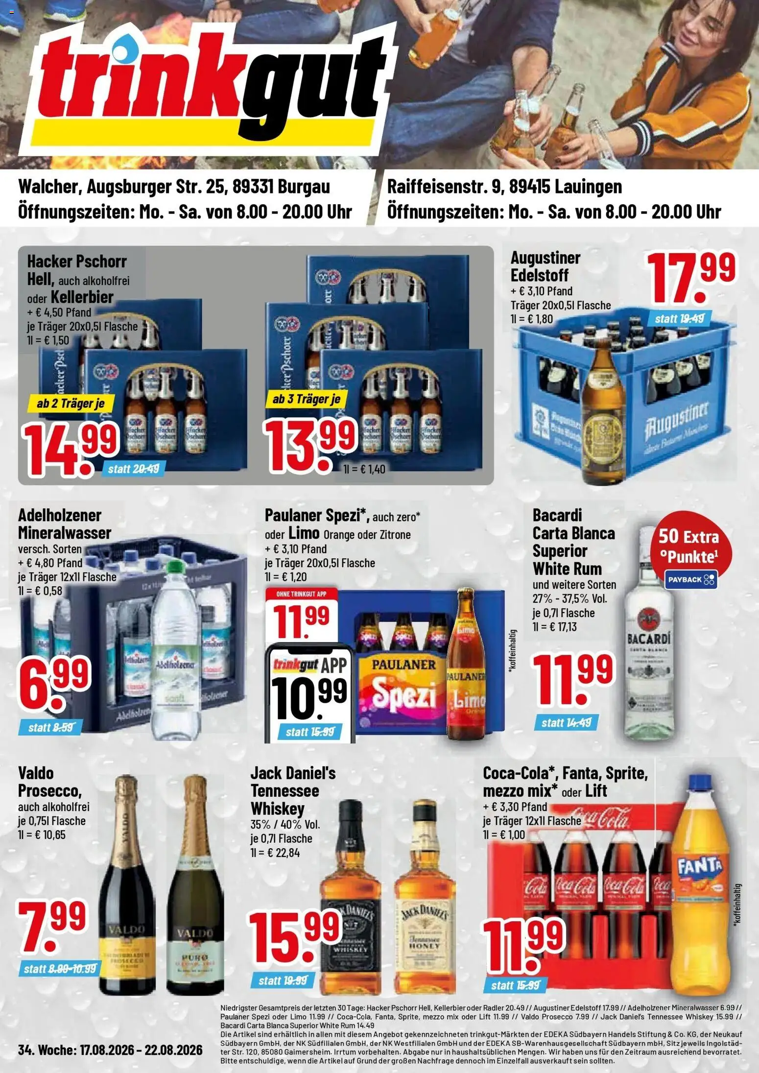 Vorschau von dem Prospekt des Geschäftes Trinkgut, gültig ab dem 17.08.2026 - Mineralwasser, Bacardi, Paulaner spezi, Rum, Zitrone, Whiskey, Radler, Mezzo mix