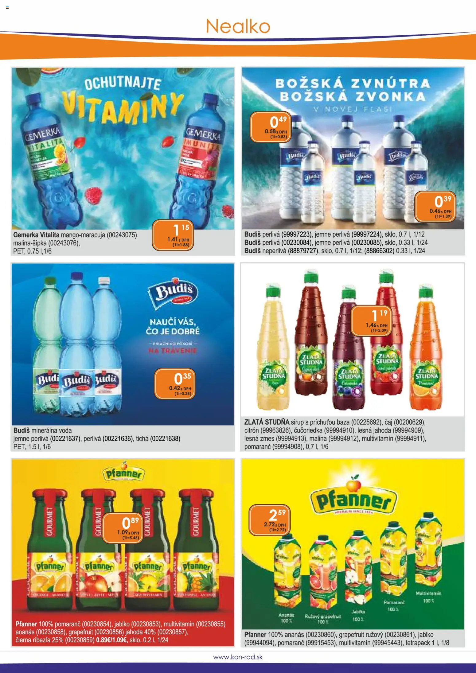 Náhľad KON - RAD letáku platného od 01.11.2026 - Voda, Čaj, Sirup, Budiš, Multivitamín, Grapefruit, Jablká, Minerálna voda