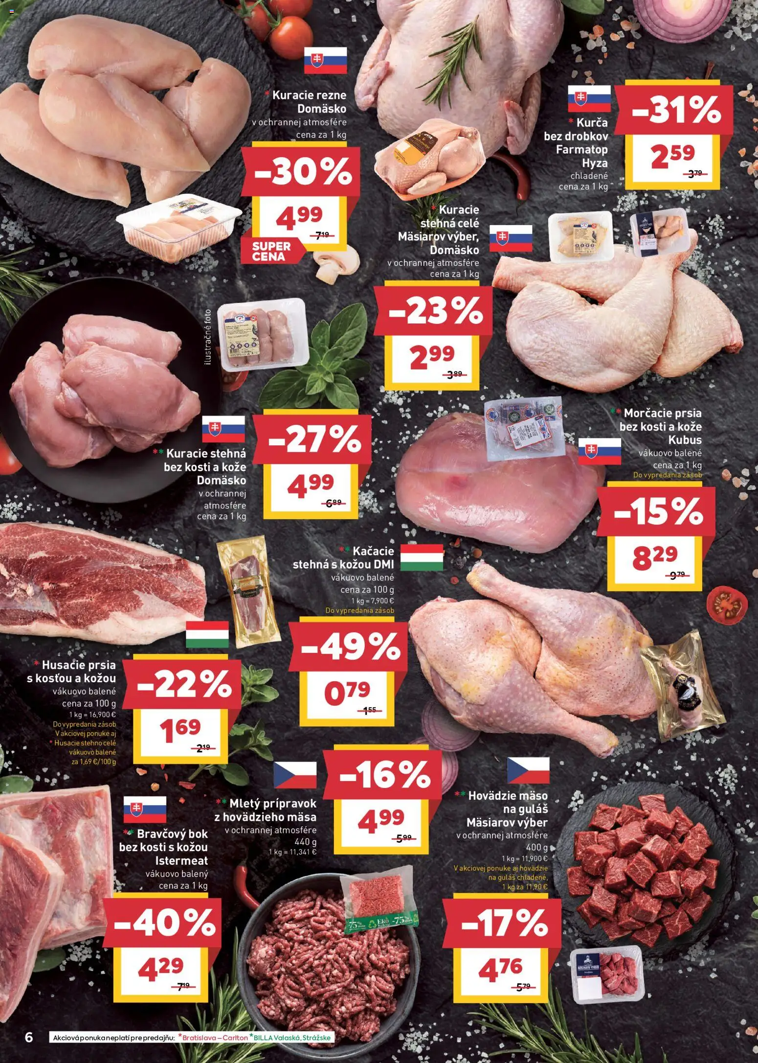 Náhľad Billa letáku platného od 21.10.2026 - Mäso, Kuracie stehná, Morčacie prsia, Kačacie stehná, Rezne, Stehná, Bravčový bok bez kosti, Bok bez kosti