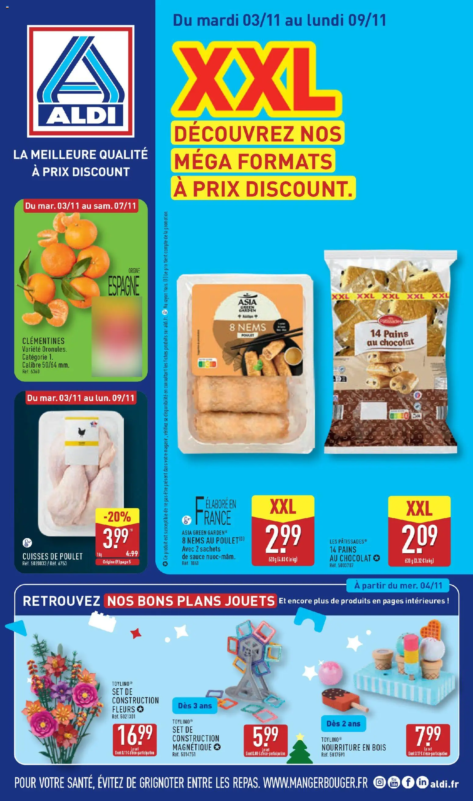Prévisualisation de Aldi catalogue du magasin Aldi formulaire valide 03/11/2026 - Fleurs, Chocolat, Poulet, Jouets, Clementines, Cuisses de poulet, Nems au poulet