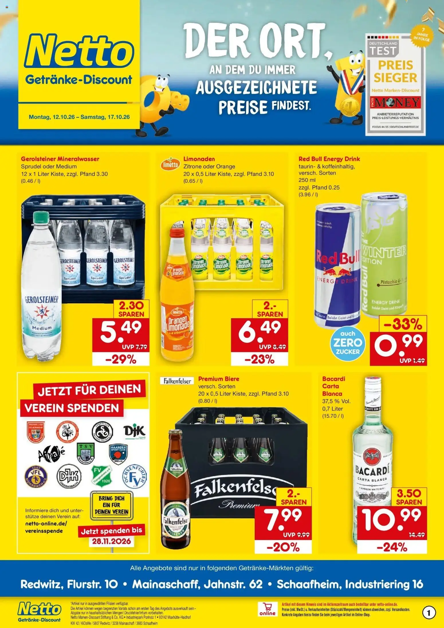 Vorschau von dem Prospekt des Geschäftes Netto Marken-Discount, gültig ab dem 12.10.2026 - Mineralwasser, Bacardi, Zucker, Zitrone, Zitronen, Energy, Limonade, Orangen
