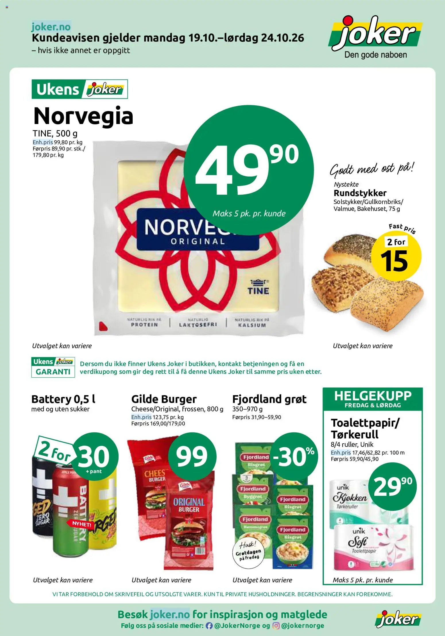 Forhåndsvis Joker kundeavis fra butikk Joker gyldig fra 19/10/2026 - Husk, Fjordland, Kontakt, Ost, Rundstykker, Sukker, Grøt, Protein
