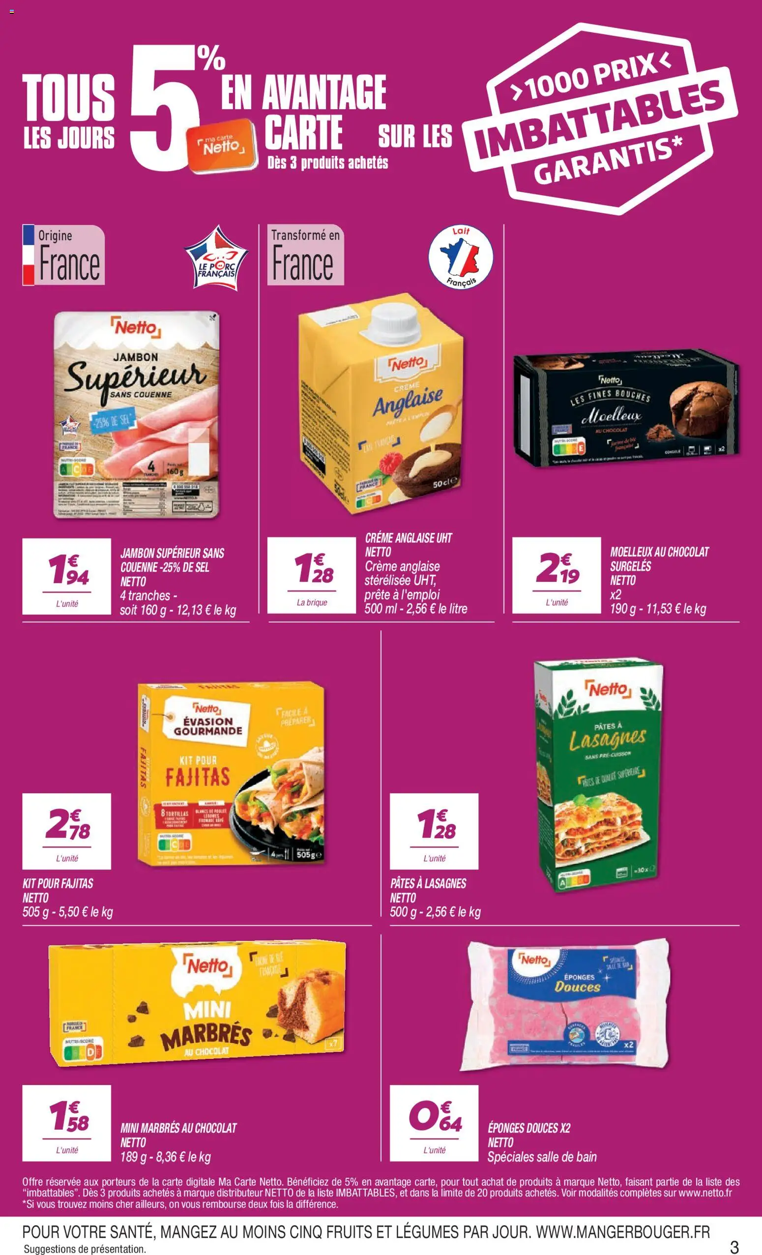 Prévisualisation de Netto 80% sur tous sun du magasin Netto formulaire valide 15/09/2026 - Moelleux au chocolat, Chocolat, Tortillas, Lait, Pâtes, Crème, Farine, Sel