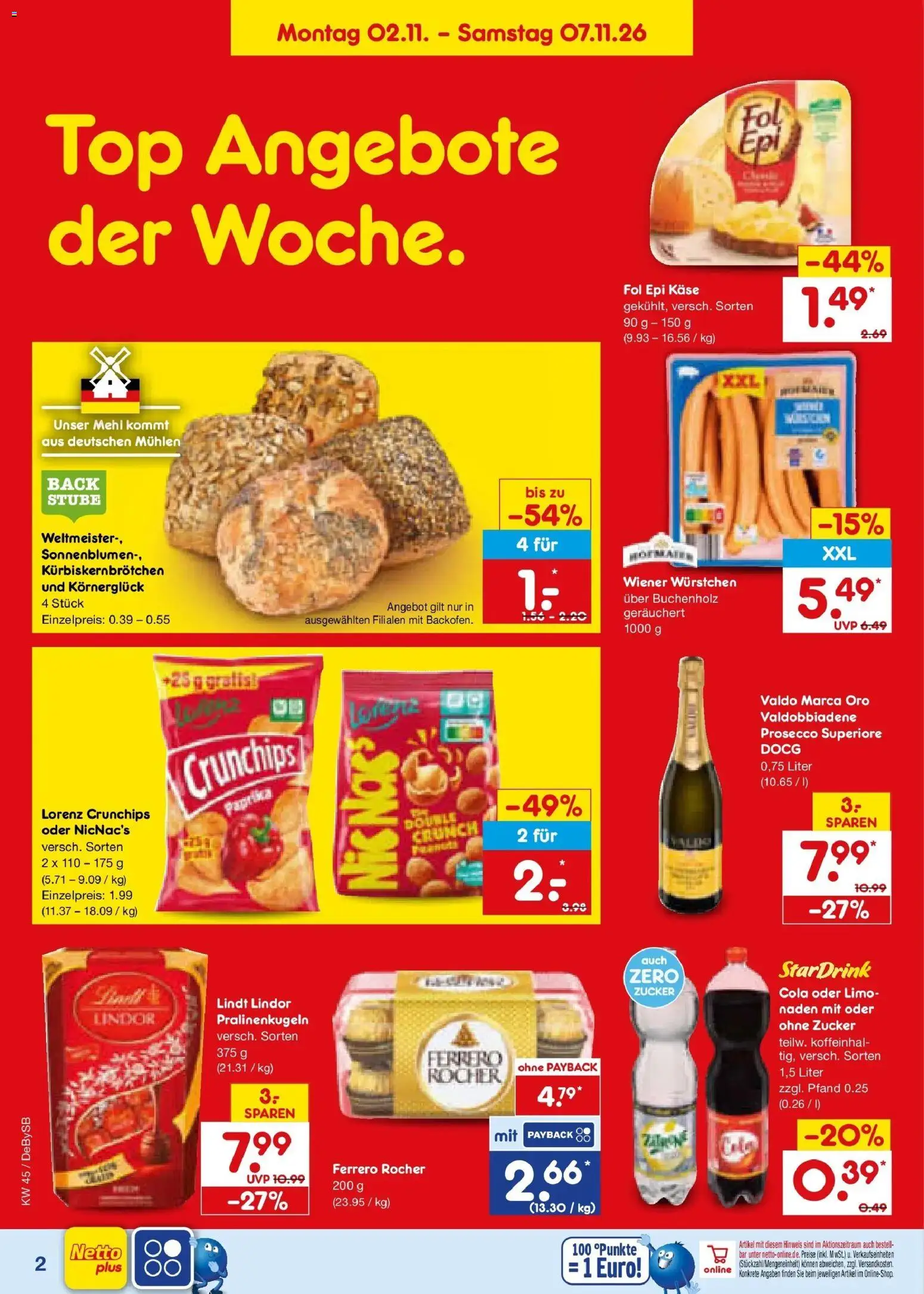 Vorschau von dem Prospekt des Geschäftes Netto Marken-Discount, gültig ab dem 02.11.2026 - Käse, Lindt, Prosecco, Paprika, Ferrero rocher, Zucker, Lindor, Wiener wurstchen