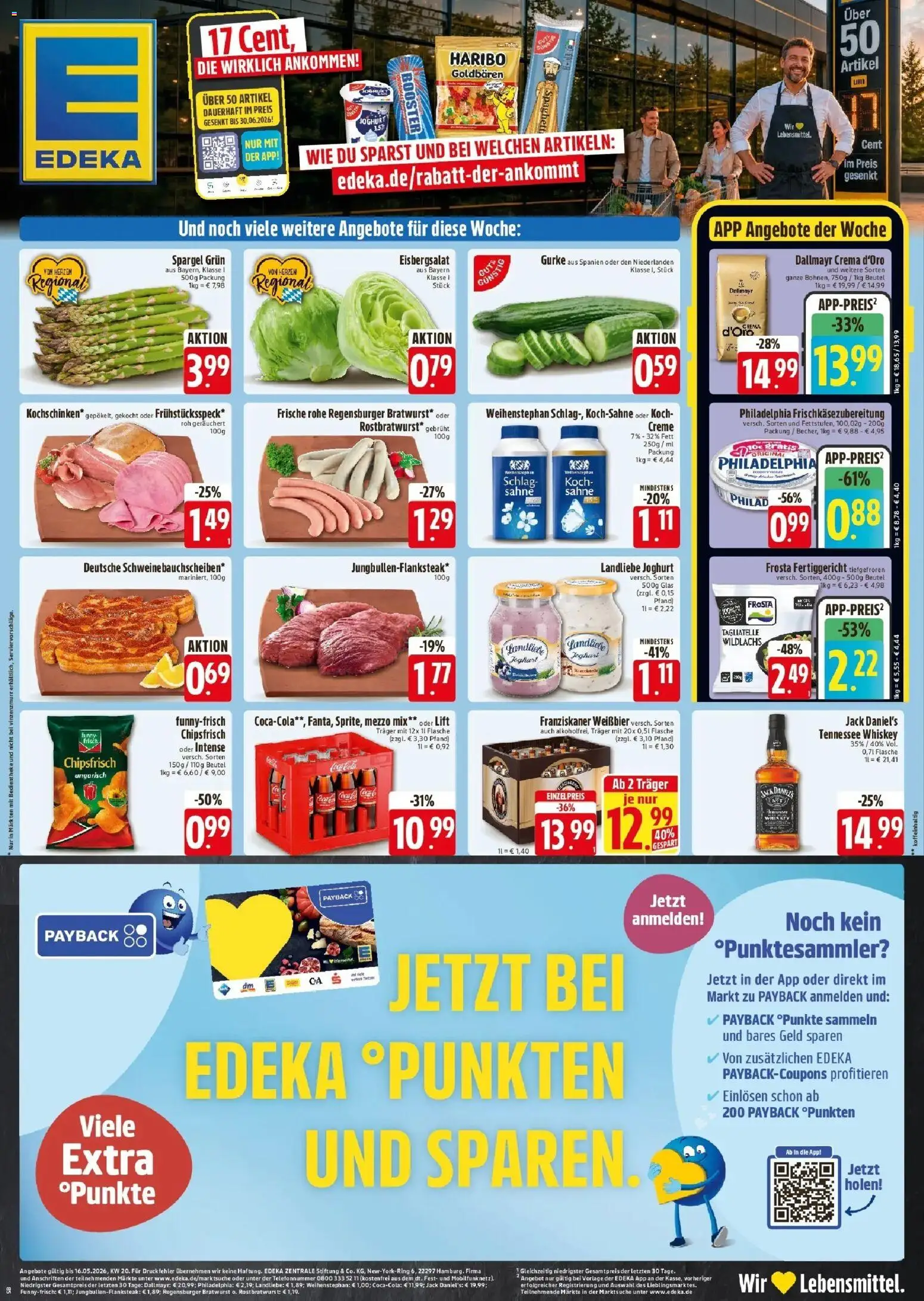 Vorschau von dem Prospekt des Geschäftes Edeka, gültig ab dem 13.05.2026 - Chips, Steak, Philadelphia, Spargel, Frosta, Eisbergsalat, Weißbier, Jack Daniel's