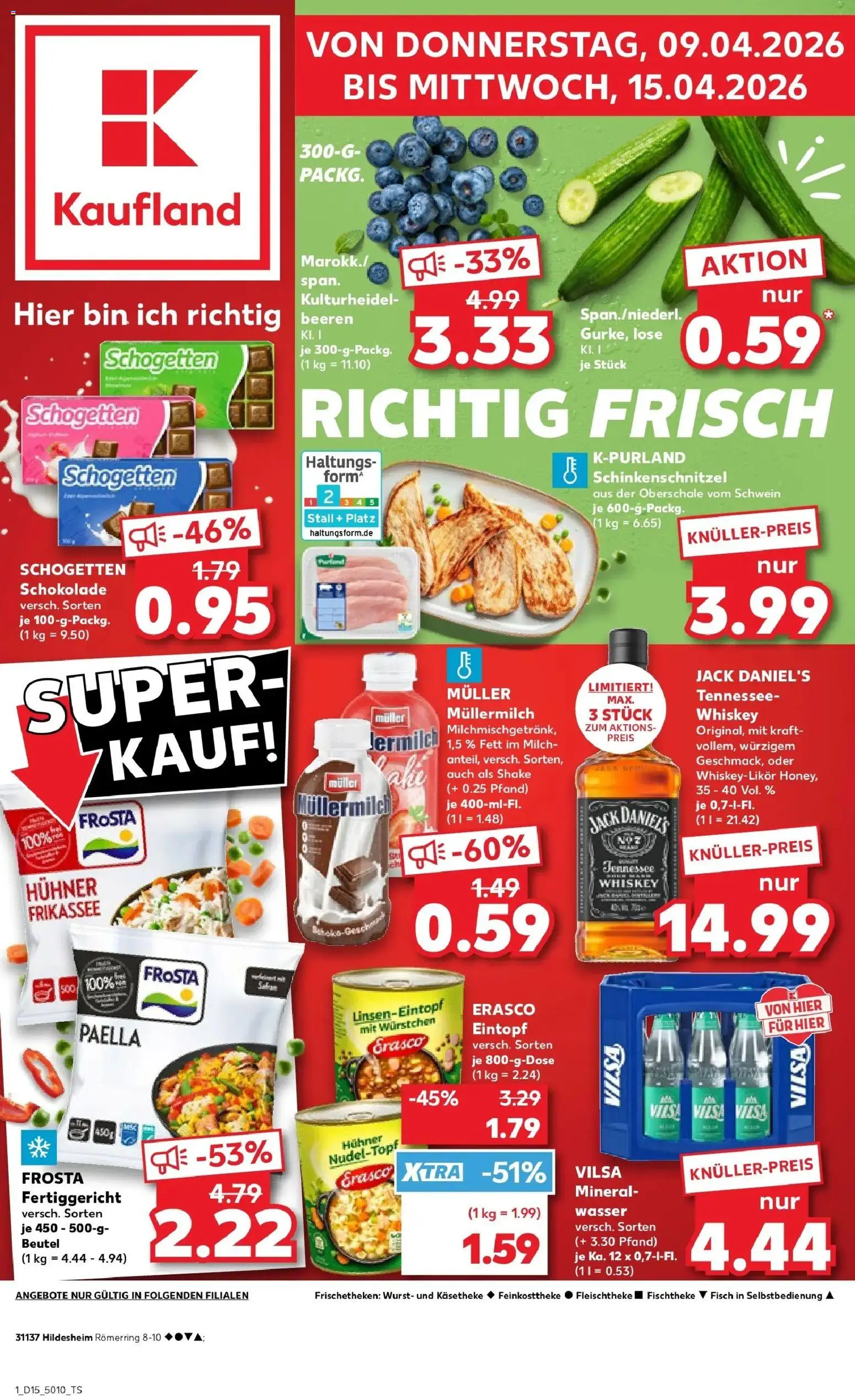 Vorschau von dem Prospekt des Geschäftes Kaufland, gültig ab dem 08.04.2026 - Wasser, Fisch, Wurst, Mineralwasser, Müllermilch, Schogetten, Jack Daniel's, Erasco