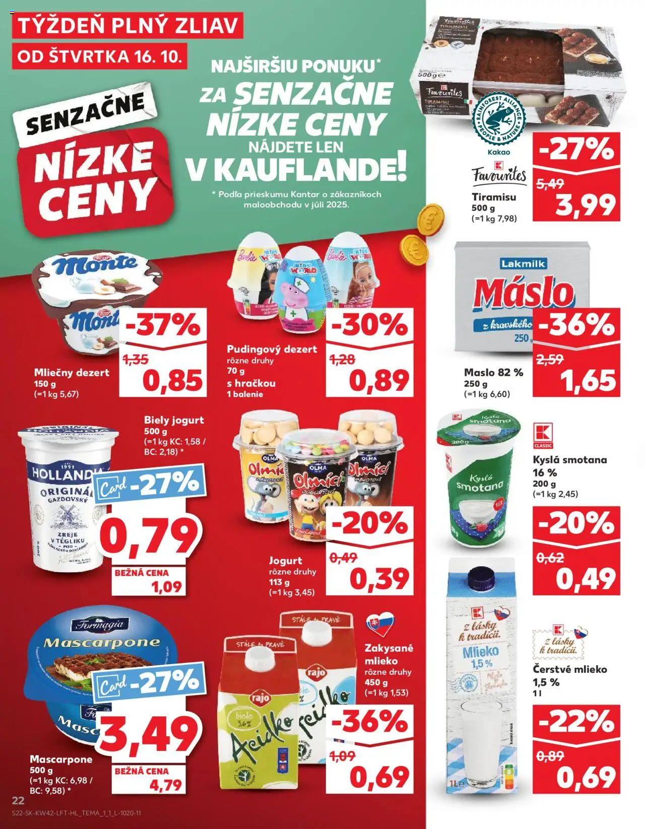 Náhľad Kaufland letáku platného od 16.10.2025 - Mascarpone, Mlieko, Kyslá smotana, Kakao, Jogurt, Smotana, Biely jogurt, Zakysané mlieko