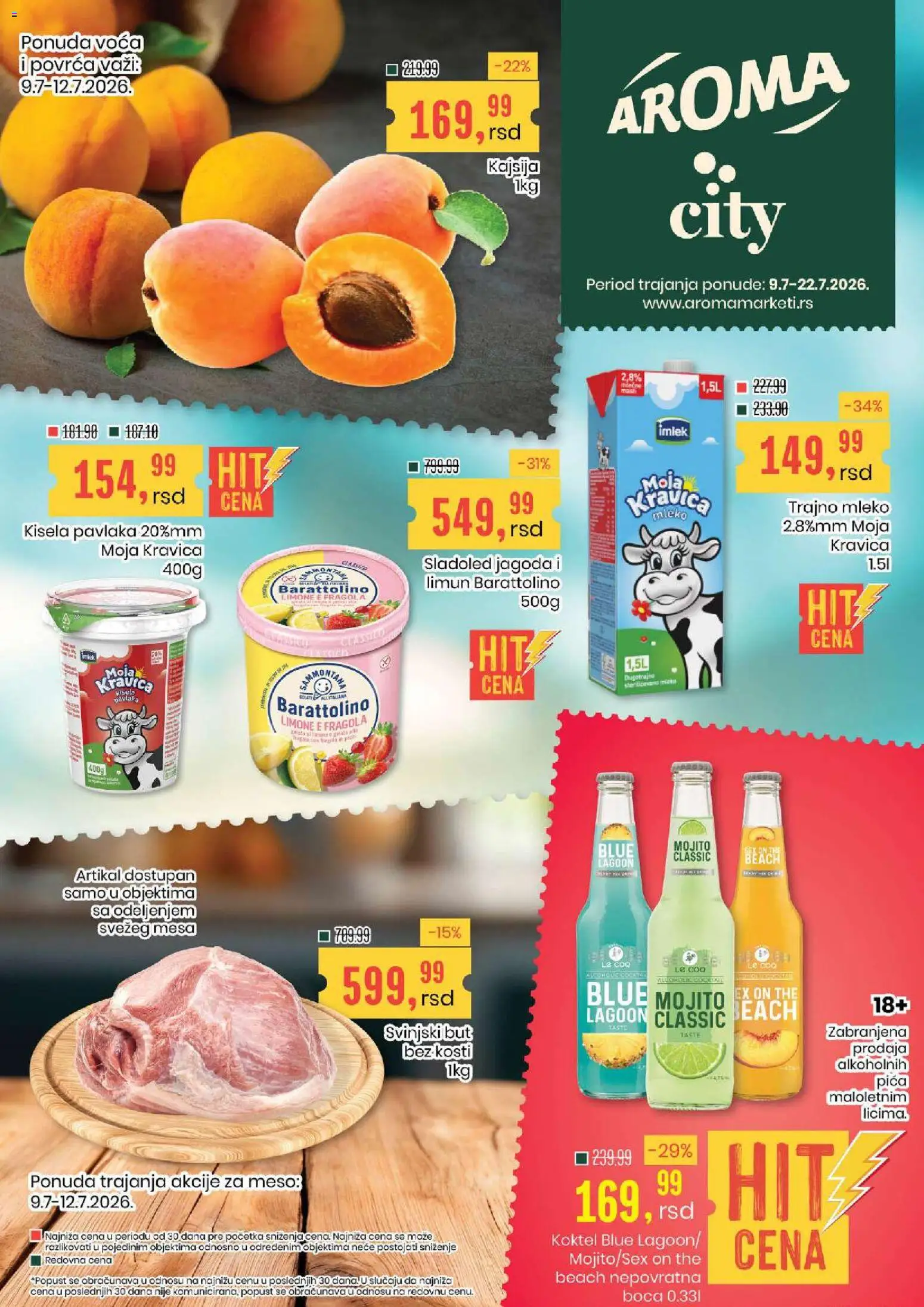 Pregled Aroma Market kataloga - važi od 09.07.2026 - Pica, Limun, Jagoda, Kajsija, Pavlaka, Moja kravica, Mleko, Svinjski but