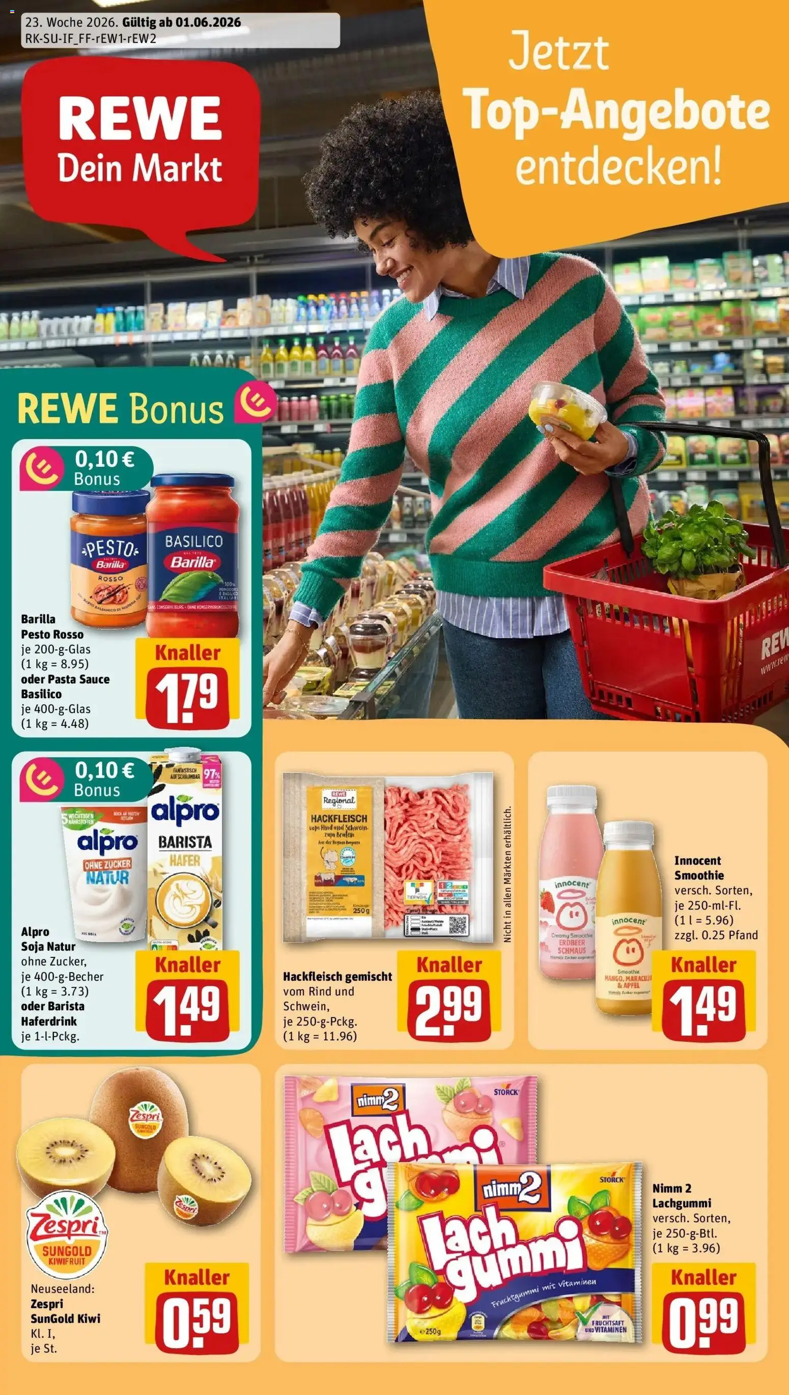 Vorschau von dem Prospekt des Geschäftes Rewe, gültig ab dem 01.06.2026 - Pasta, Äpfel, Kiwi, Hackfleisch, Barilla, Barilla pesto, Alpro, Fruchtsaft