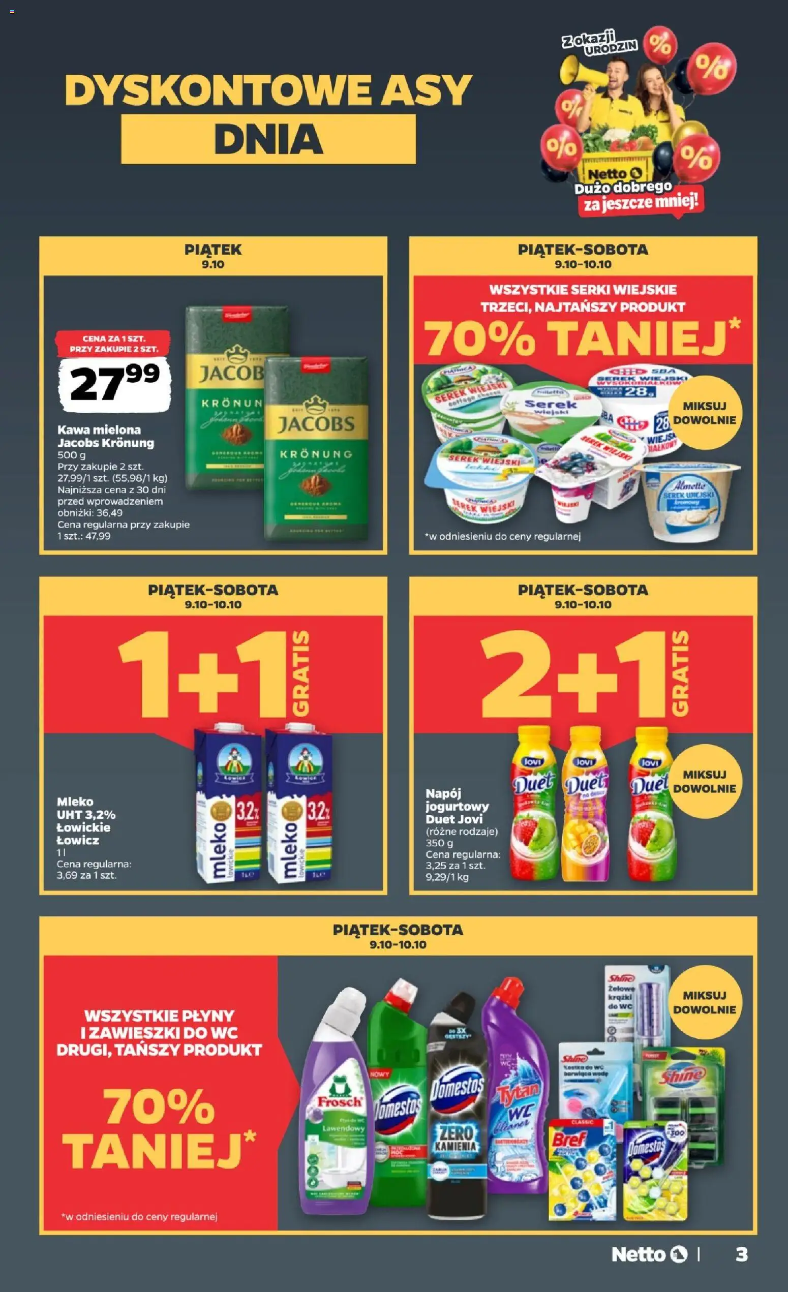Pogląd gazetki "Netto gazetka od czwartku" ze sklepu Netto ważnej od 08.10.2026 - Kawa, Woda, Mleko, Jacobs, Serek wiejski, Domestos, Cleaner, Zawieszki do WC
