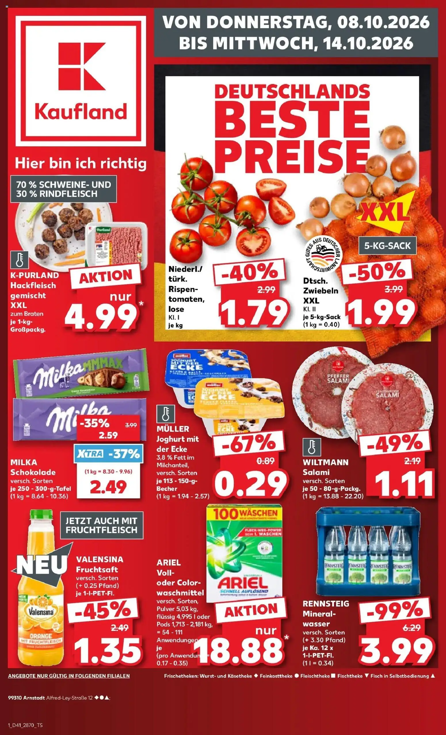 Vorschau von dem Prospekt des Geschäftes Kaufland, gültig ab dem 08.10.2026 - Wasser, Wurst, Hackfleisch, Met, Ariel, Salami, Waschmittel, Zwiebeln