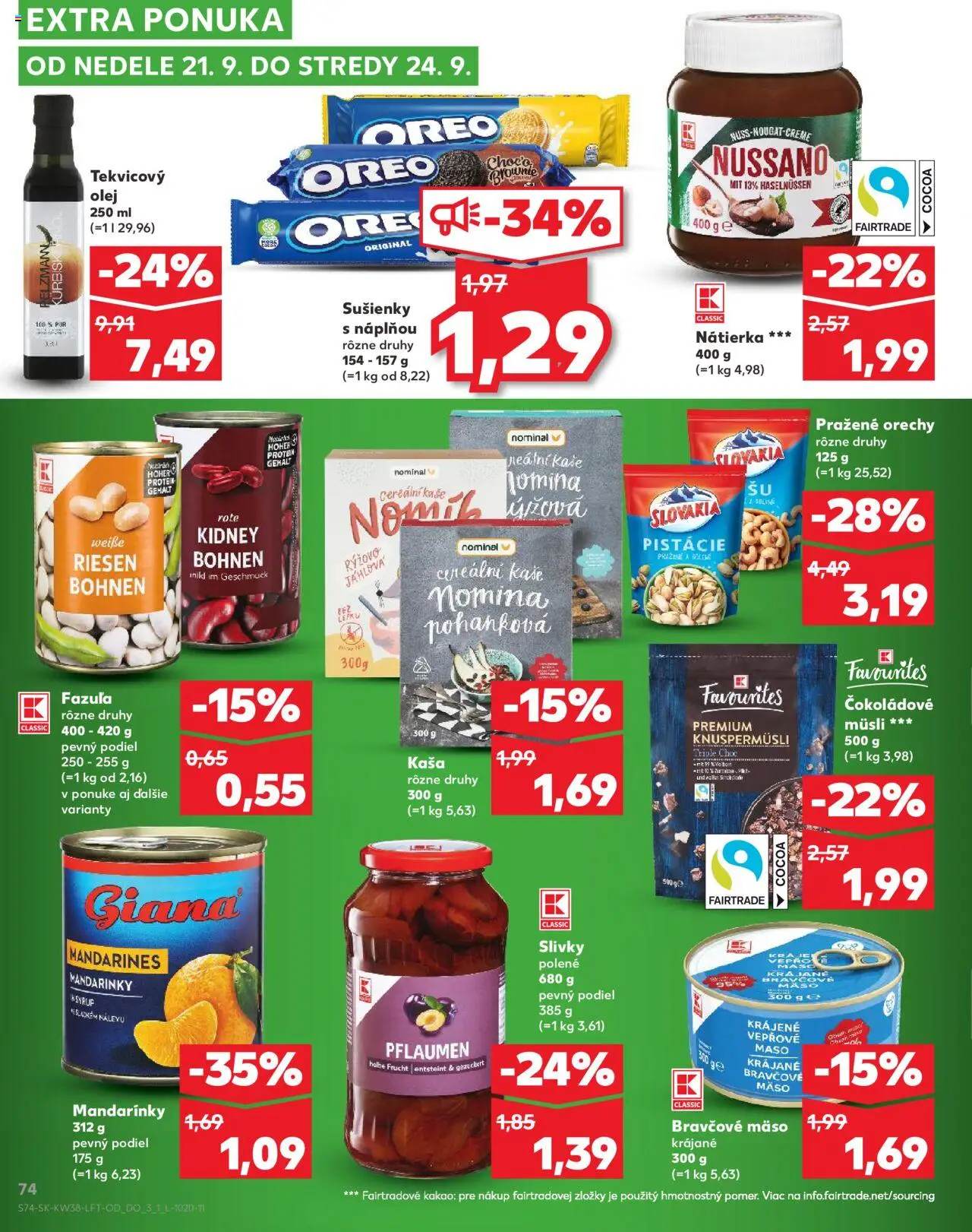 Náhľad Kaufland letáku platného od 18.09.2025 - Mäso, Olej, Kakao, Fazuľa, Oreo, Bravčové mäso, Sušienky, Mandarinky
