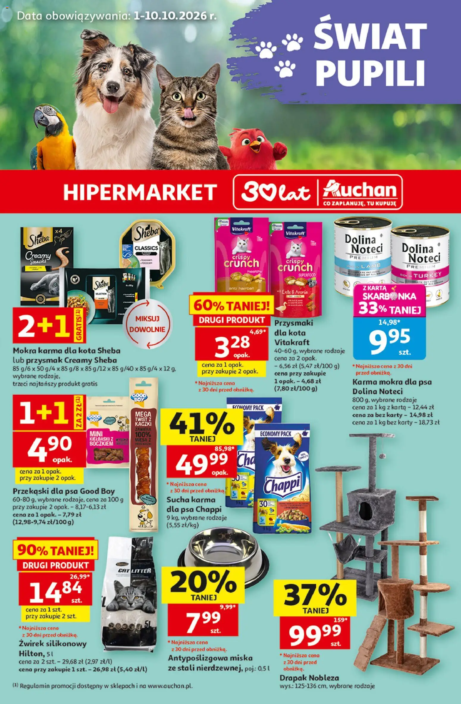Pogląd gazetki "Auchan gazetka - Świat Pupili Hipermarket" ze sklepu Auchan ważnej od 01.10.2026 - Karma dla kota, Karma, Przekąski, Karta, Żwirek silikonowy, Drapak, Sheba, Kiełbaski