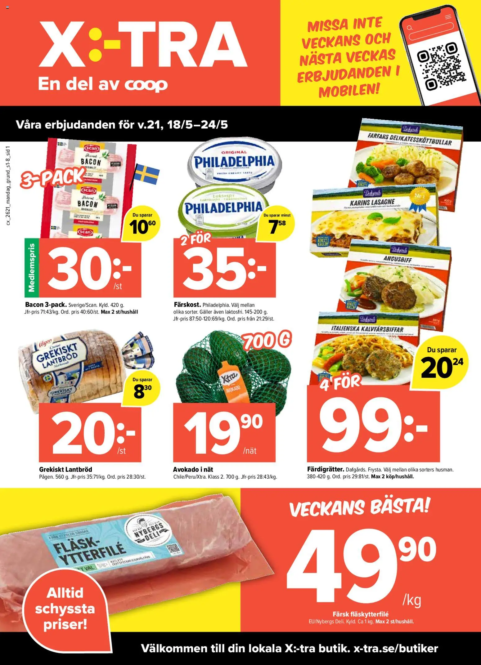 Förhandsgranska reklamblad Coop X:-TRA erbjudanden från butik Coop X:-TRA gäller från 18/05/2026 - Lasagne, Avokado, Bacon, Galler, Fläsk, Lantbröd, Fläskytterfilé