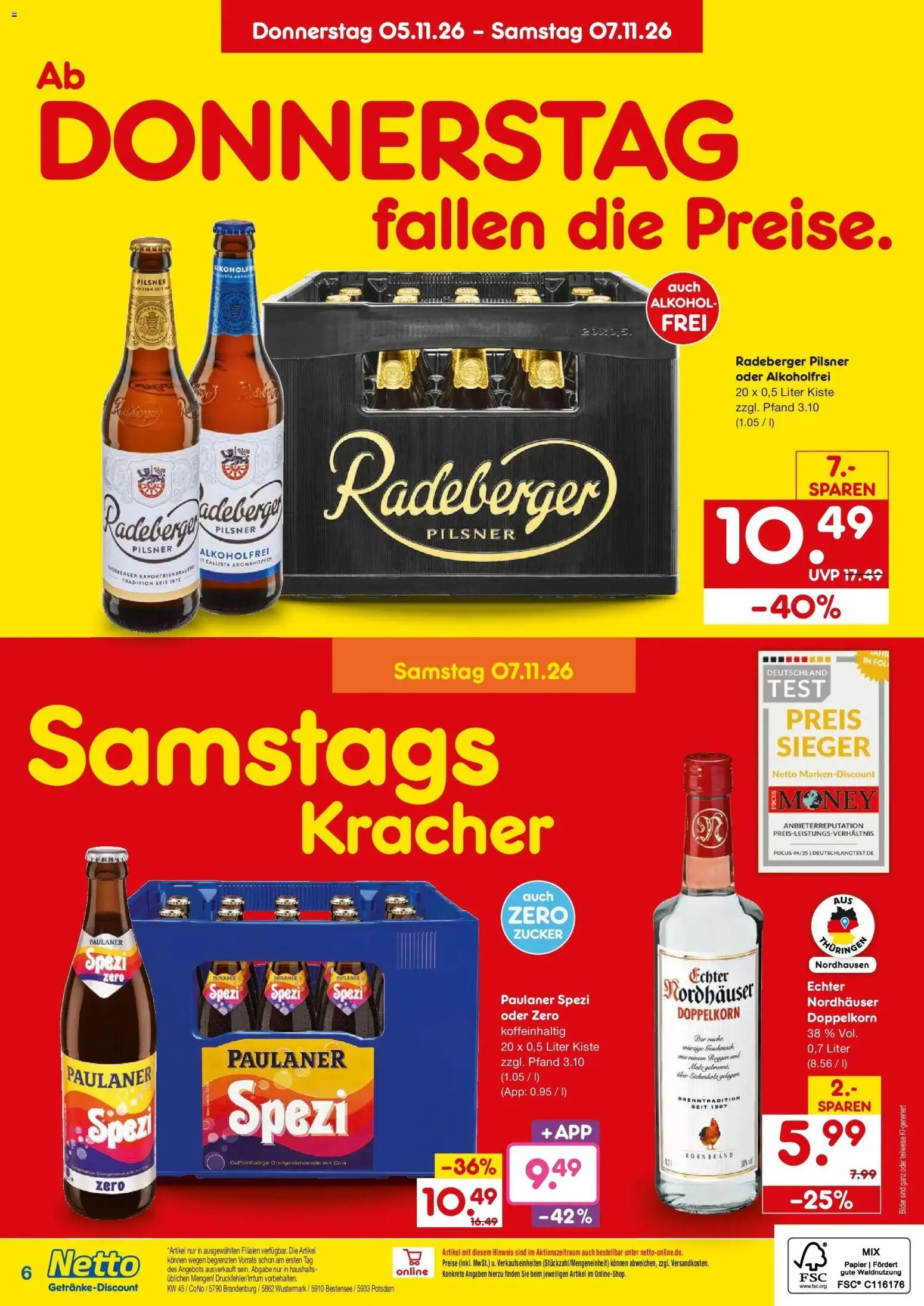 Vorschau von dem Prospekt des Geschäftes Netto Marken-Discount, gültig ab dem 02.11.2026 - Bilder, Cola, Alkohol, Paulaner spezi, Zucker, Paulaner, Radeberger pilsner