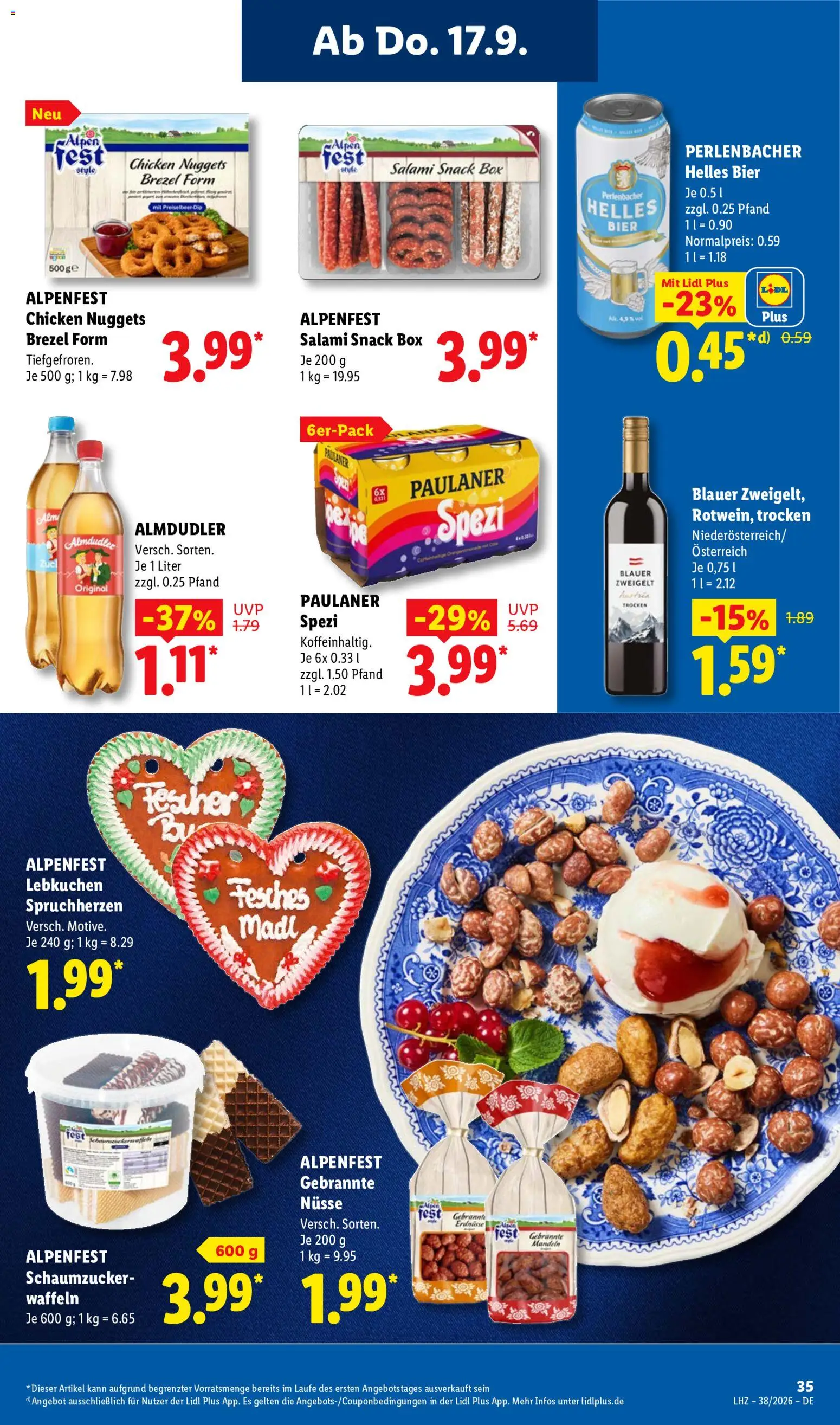 Vorschau von dem Prospekt des Geschäftes Lidl, gültig ab dem 14.09.2026 - Bier, Waffeln, Box, Mandeln, Paulaner, Salami, Erdnüsse, Nüsse