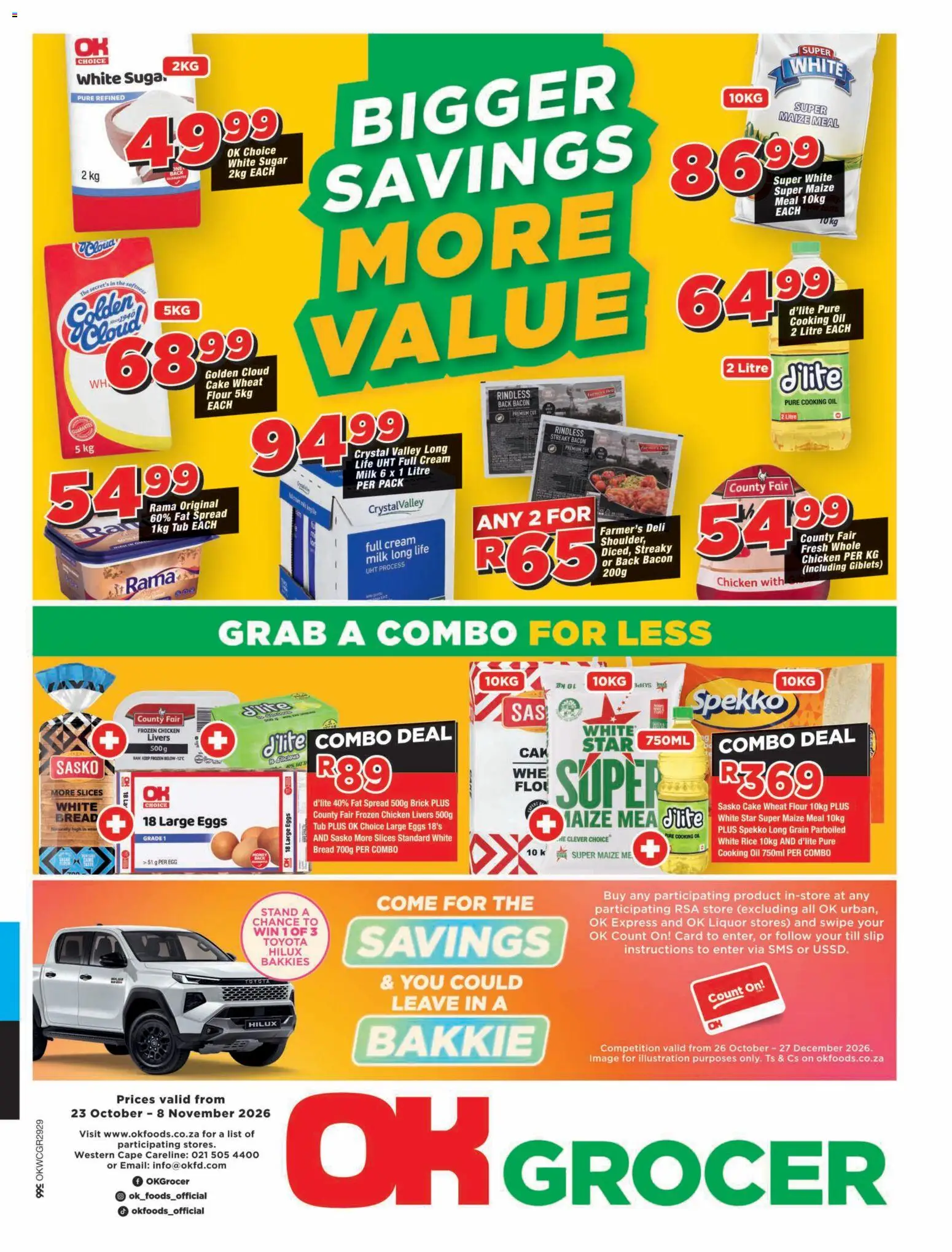 Preview of OK Foods flyer valid from 23/10/2026 - Cake, Chicken, Eggs, Sugar, Cream, Flour, Maize meal, Spread