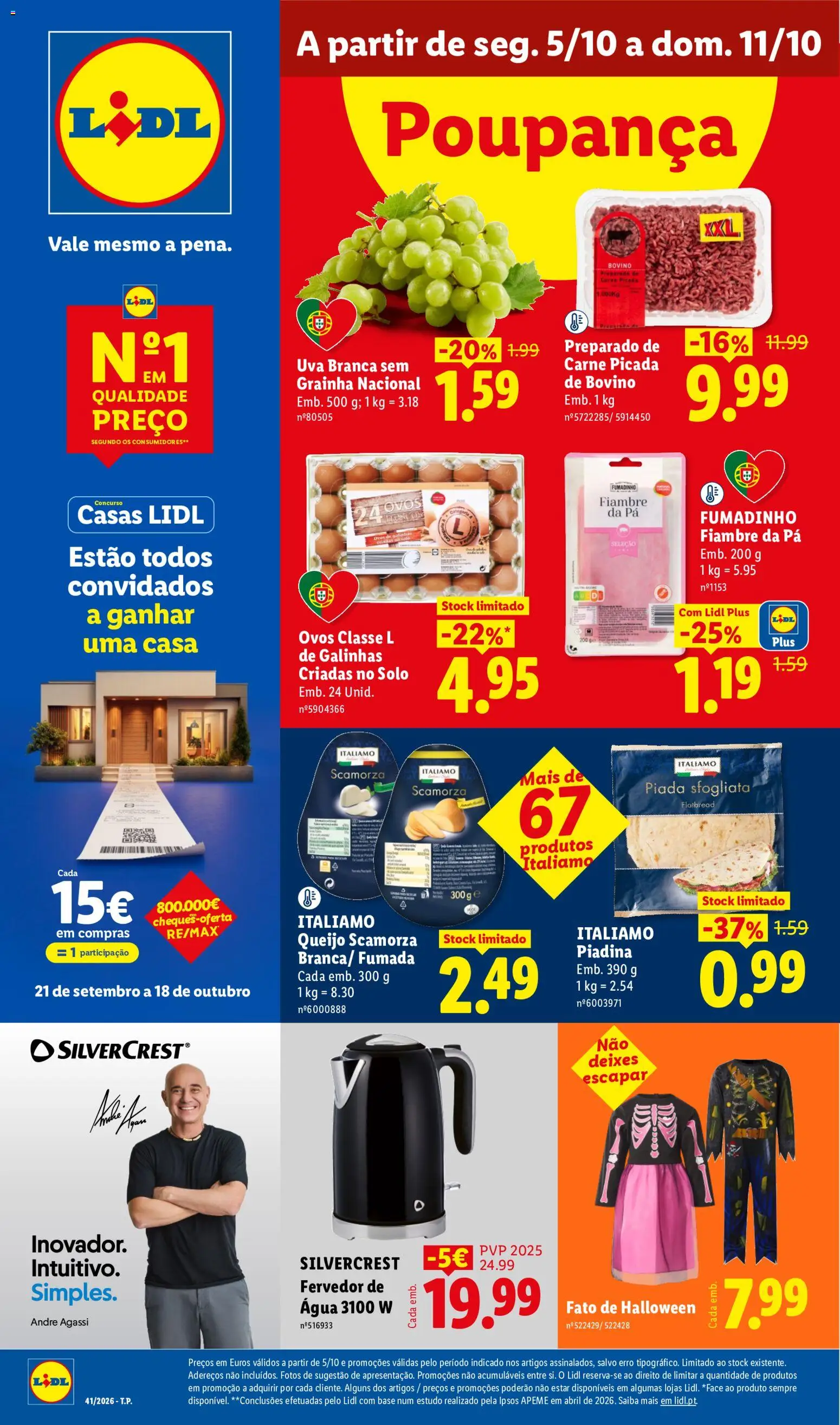 Pré-visualização do folheto da loja Lidl válida a partir de 05/10/2026 - Agua, Pá, Ovos, Carne, Queijo, Fiambre, Carne picada, Fato