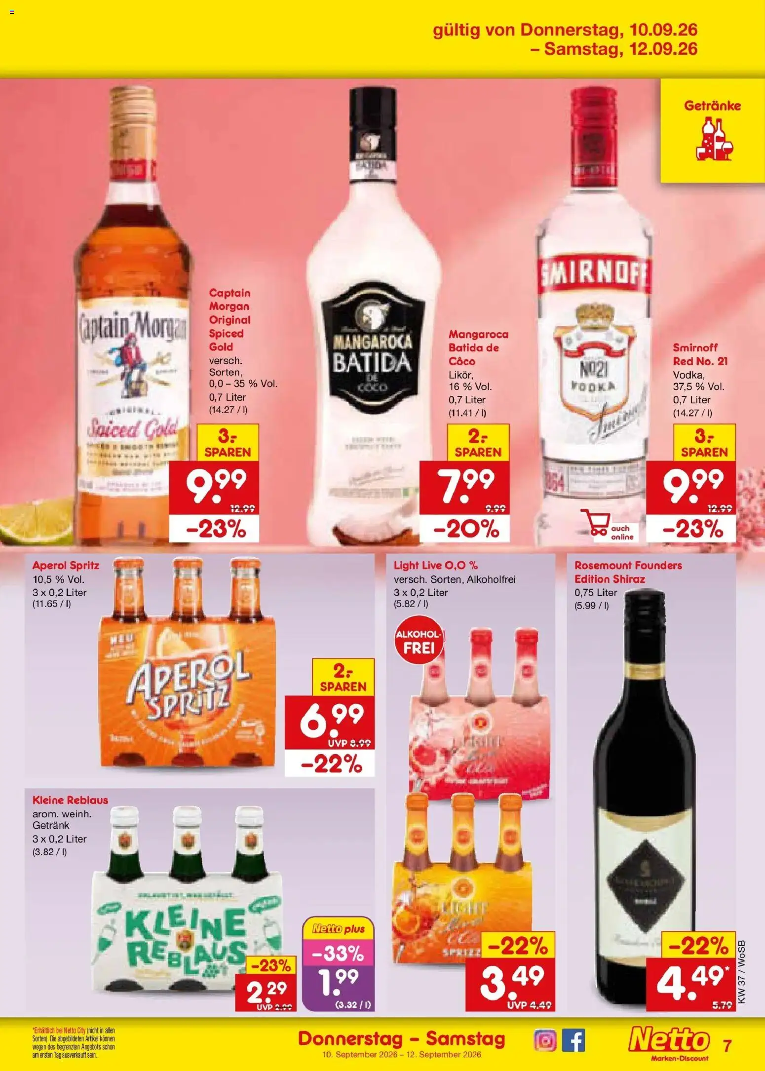 Vorschau von dem Prospekt des Geschäftes Netto Marken-Discount, gültig ab dem 07.09.2026 - Aperol, Alkohol, Vodka, Captain morgan, Smirnoff