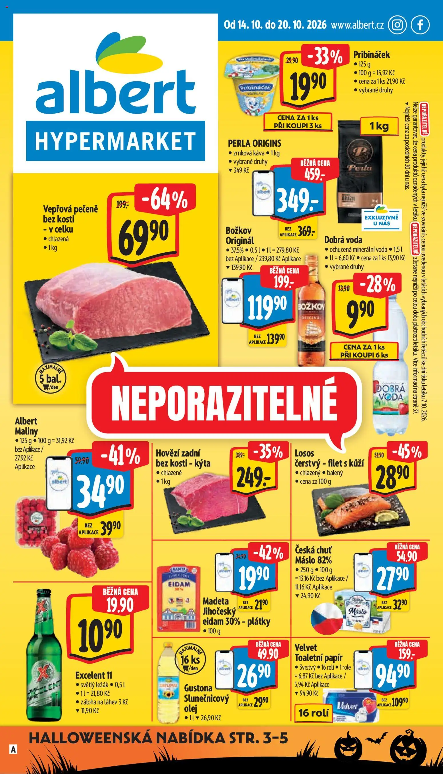 Náhled nabídky: Albert Albert leták - Hypermarket platný od 14.10.2026 - Voda, Losos, Olej, Toaletní papír, Božkov, Maliny, Eidam, Excelent 11