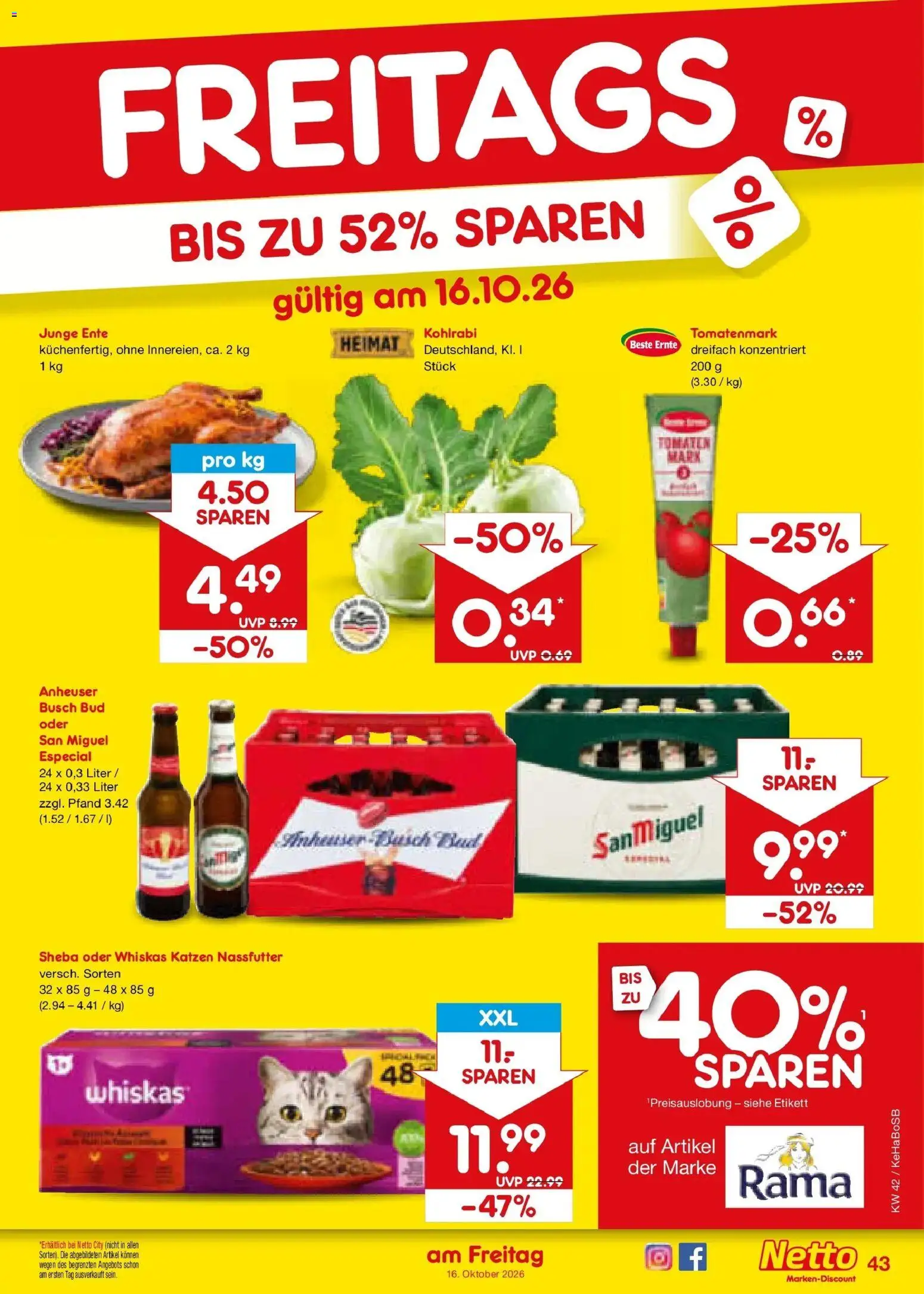 Vorschau von dem Prospekt des Geschäftes Netto Marken-Discount, gültig ab dem 12.10.2026 - Bad, Kohlrabi, Ente, Tomaten, Rama, Whiskas, Sheba