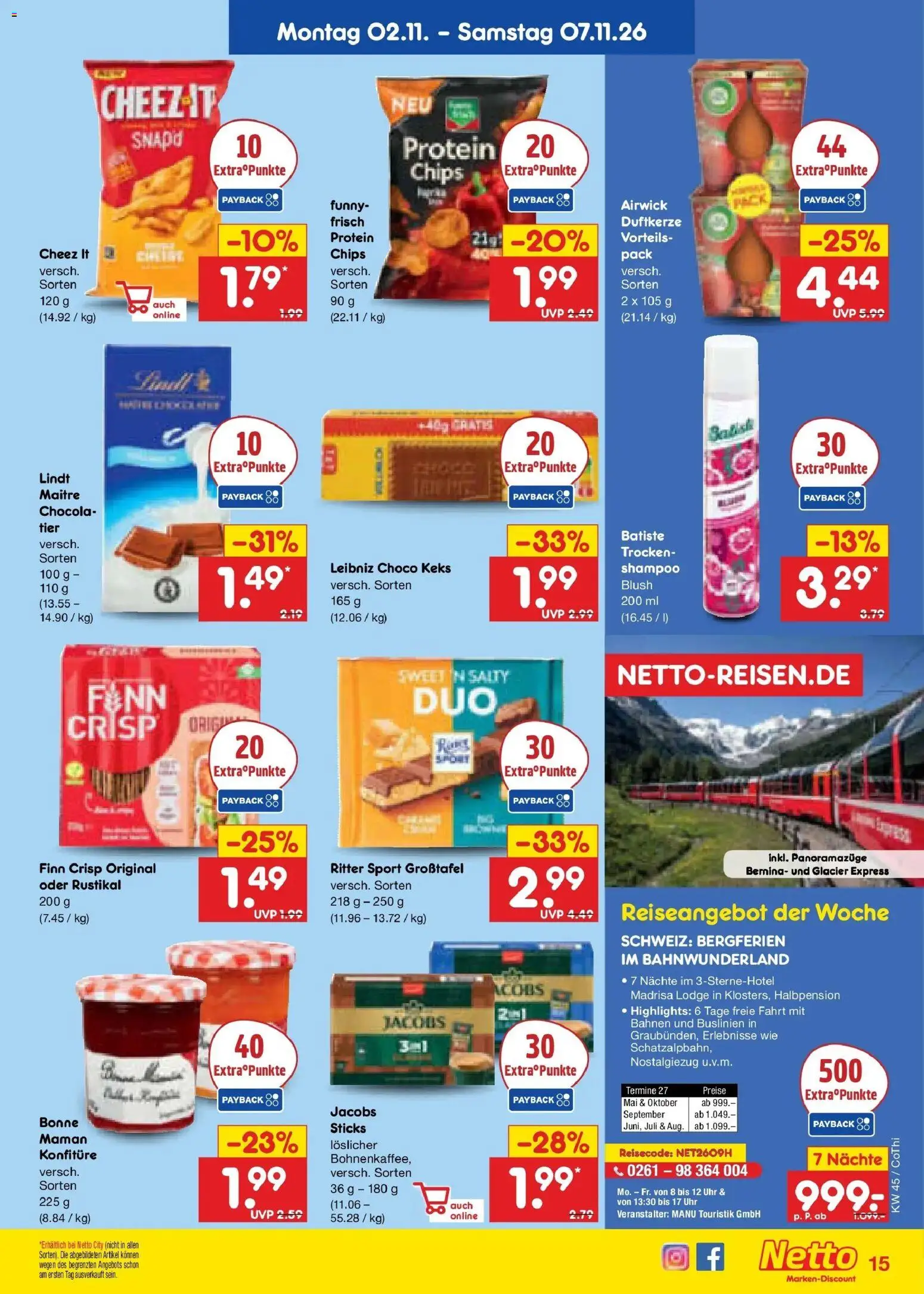 Vorschau von dem Prospekt des Geschäftes Netto Marken-Discount, gültig ab dem 02.11.2026 - Chips, Uhr, Lindt, Ritter sport, Shampoo, Blush
