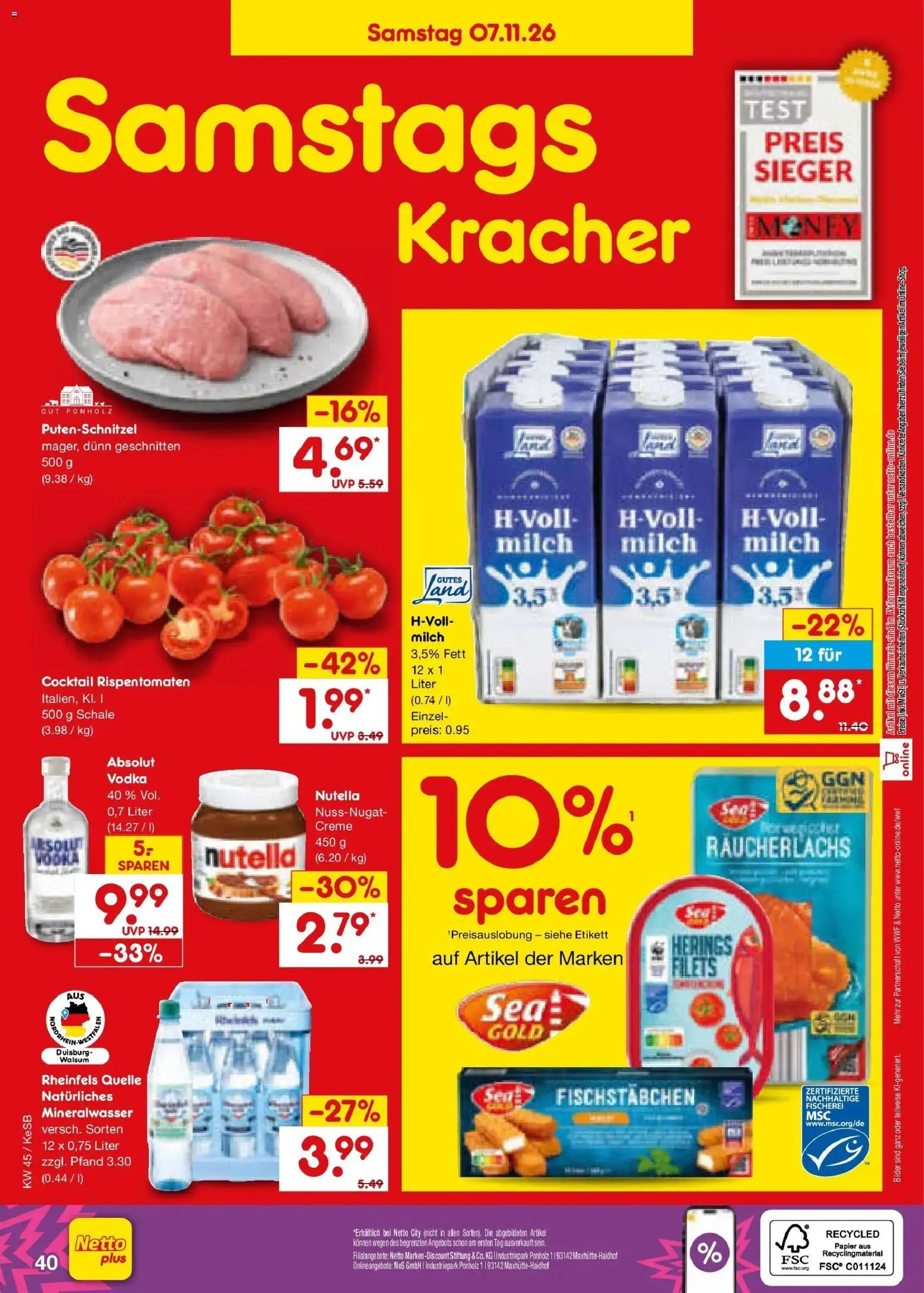 Vorschau von dem Prospekt des Geschäftes Netto Marken-Discount, gültig ab dem 02.11.2026 - Bilder, Nutella, Mineralwasser, Milch, Vodka, Creme, Rheinfels quelle, Fischstabchen