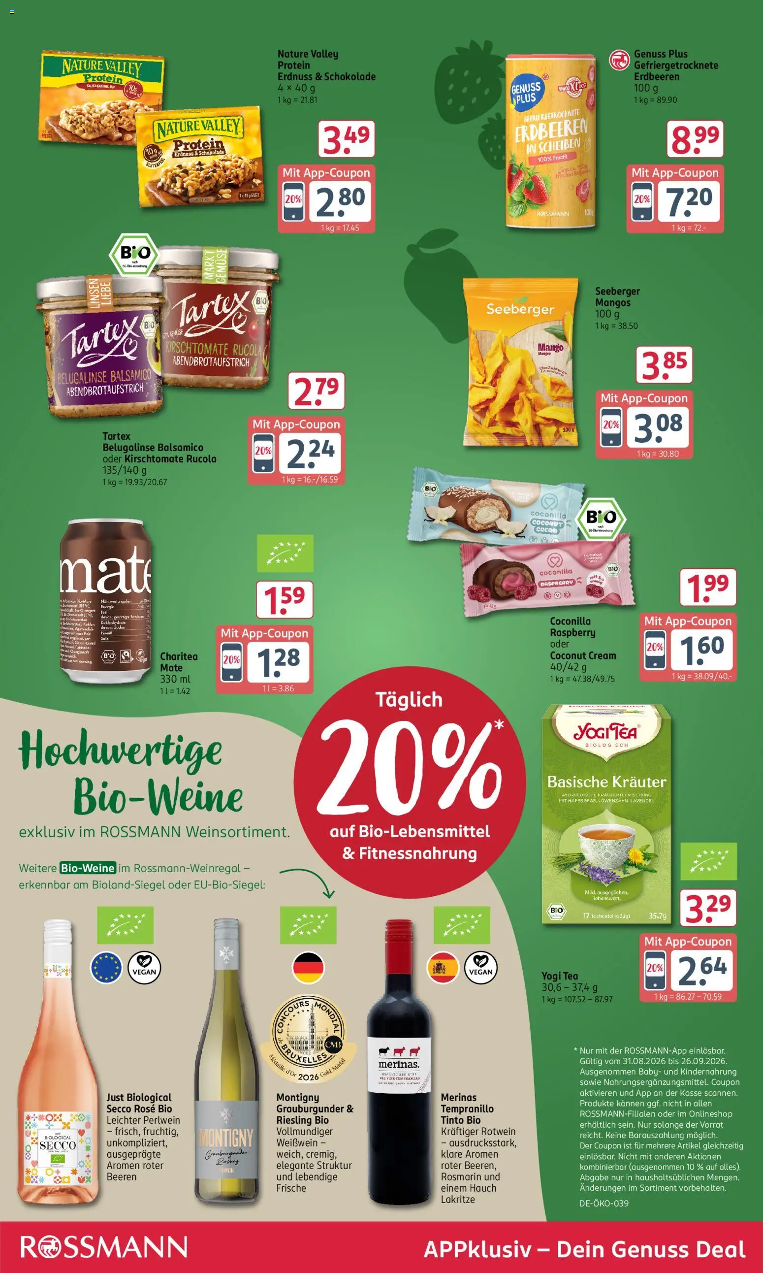 Vorschau von dem Prospekt des Geschäftes Rossmann, gültig ab dem 31.08.2026 - Schokolade, Erdbeeren, Rucola, Lavendel, Zucker, Balsamico, Weißwein, Rotwein