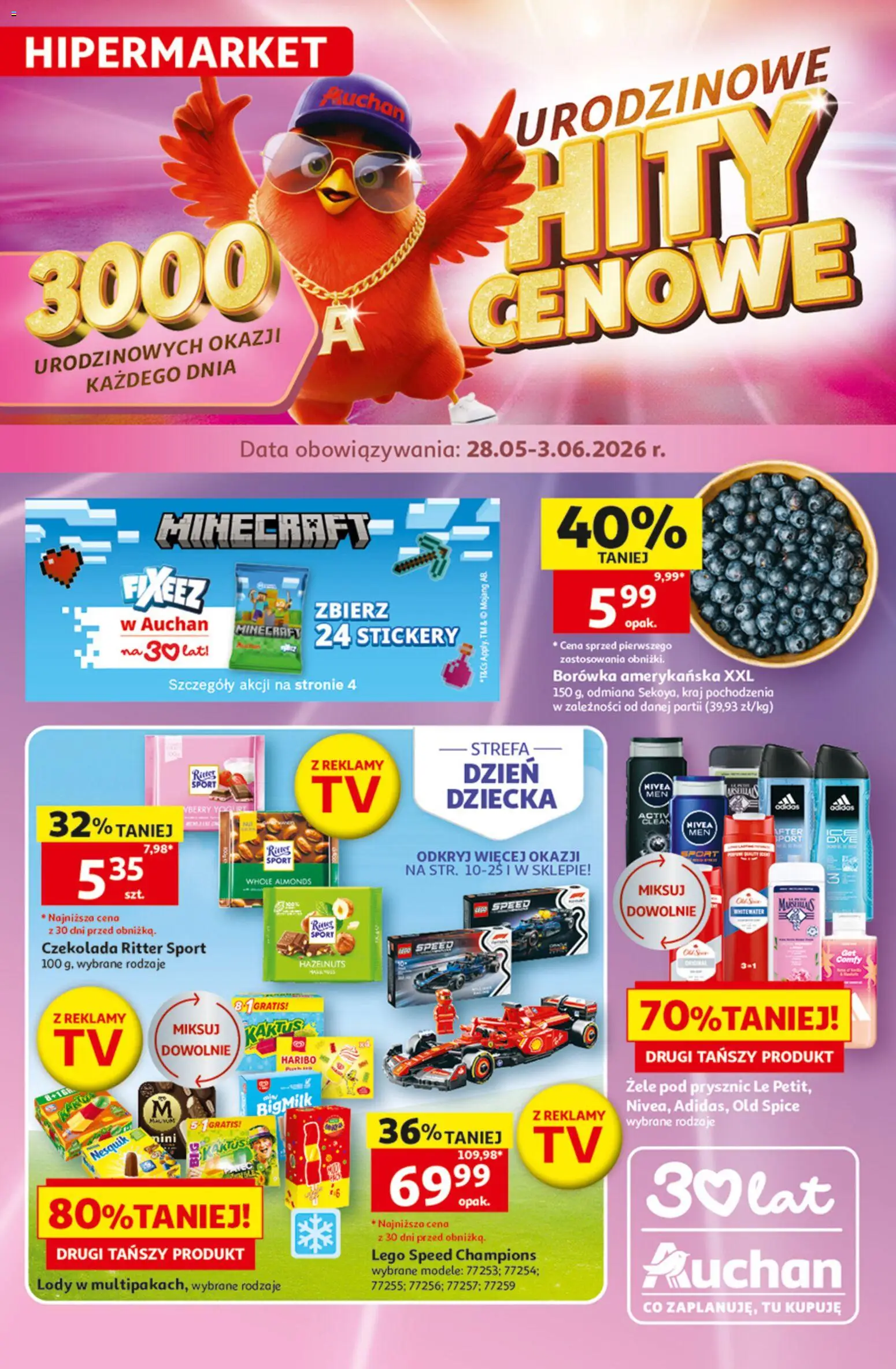 Pogląd gazetki "Auchan gazetka - 30 Lat Hipermarket" ze sklepu Auchan ważnej od 28.05.2026 - Lego, Lody, Czekolada, Borówka amerykańska, Prysznic, Old spice