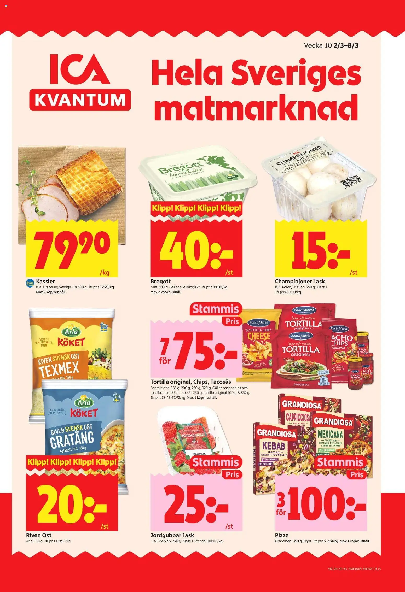 Förhandsgranska reklamblad ICA Kvantum erbjudanden från butik ICA Kvantum gäller från 02/03/2026 - Ost, Kassler, Jordgubbar, Bregott, Paprika, Tortilla, Tacosås, Riven ost
