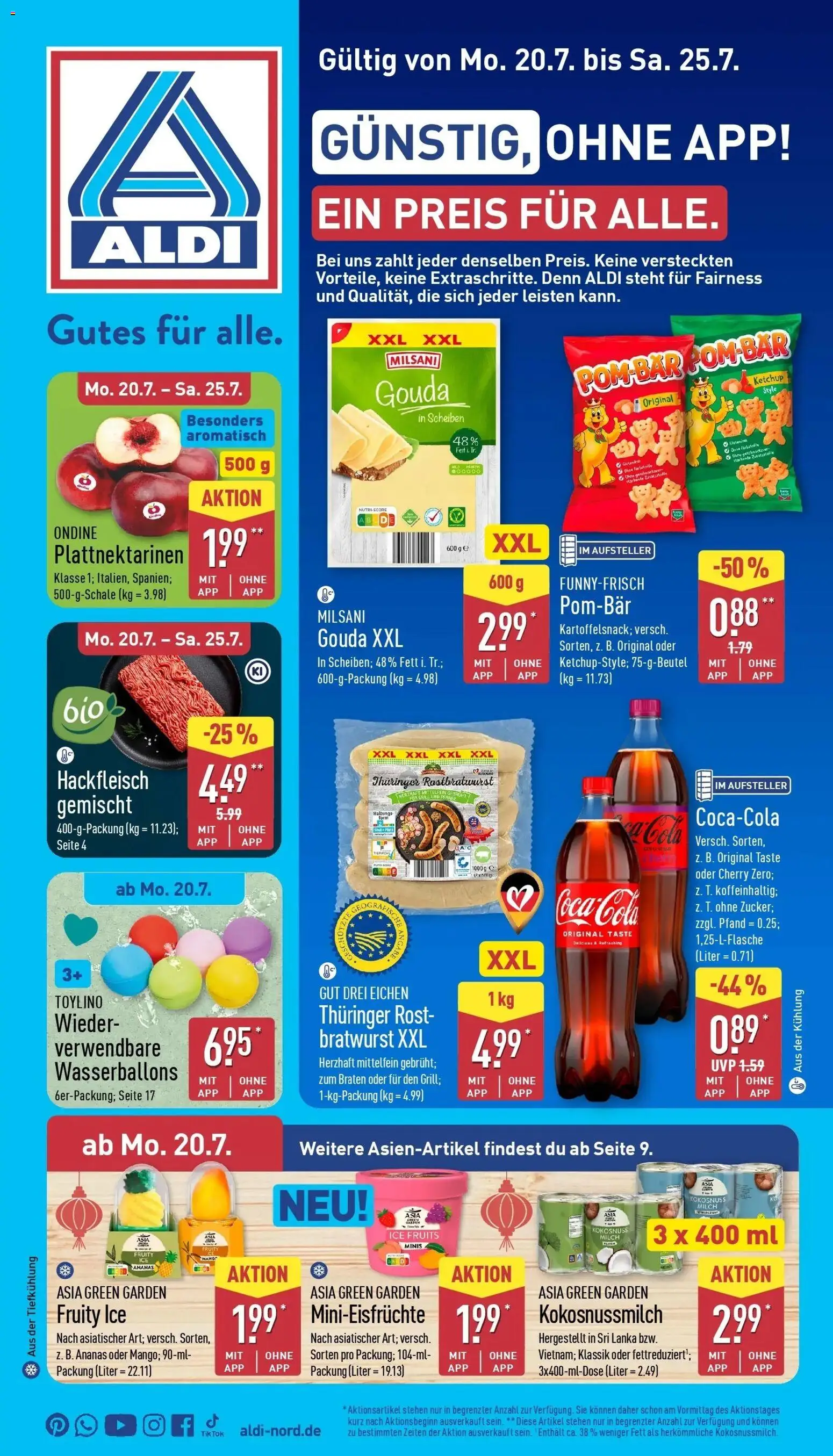 Vorschau von dem Prospekt des Geschäftes Aldi, gültig ab dem 20.07.2026 - Mango, Cola, Bratwurst, Milch, Hackfleisch, Ketchup, Gouda, POM-BÄR