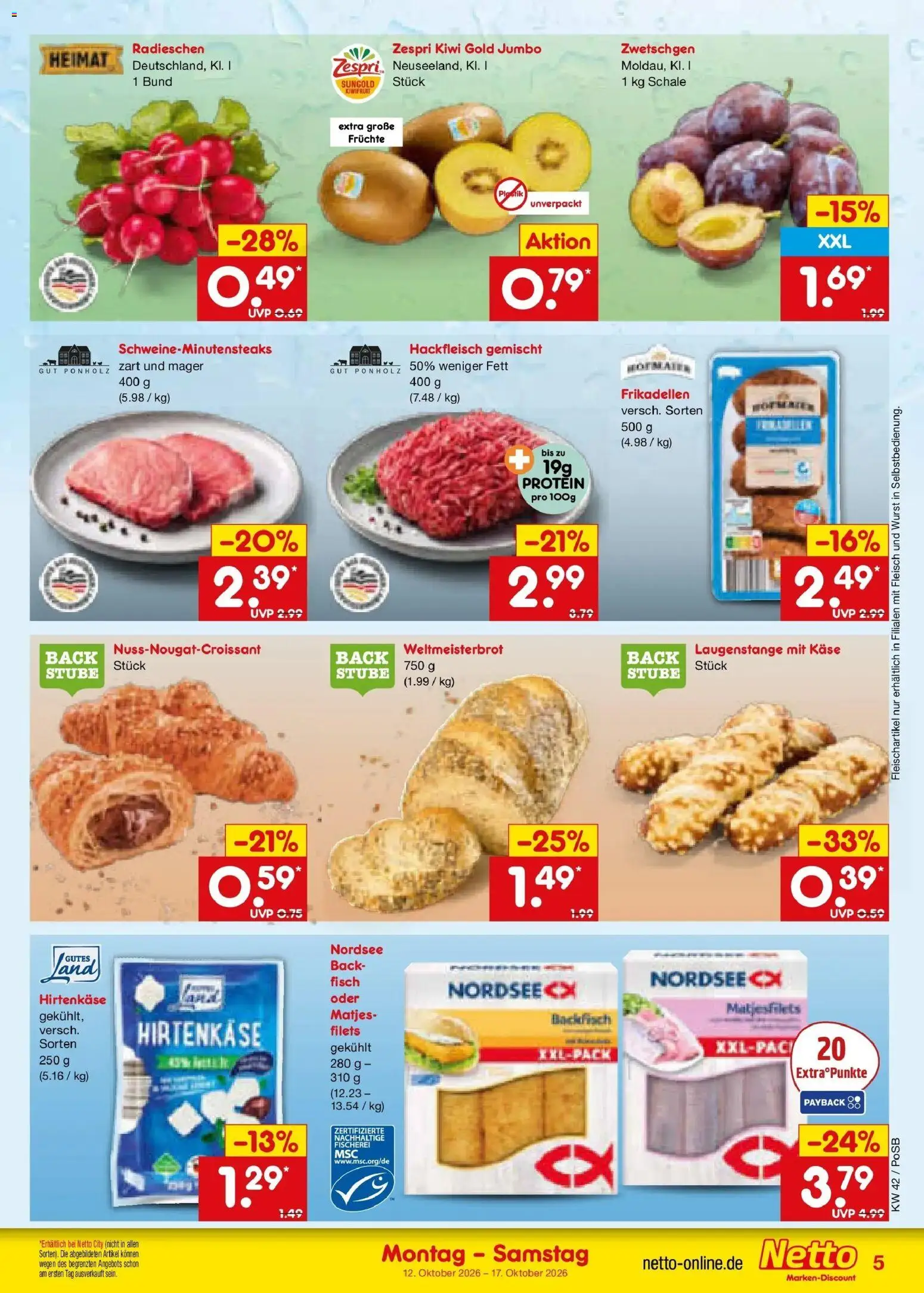 Vorschau von dem Prospekt des Geschäftes Netto Marken-Discount, gültig ab dem 12.10.2026 - Käse, Fisch, Wurst, Kiwi, Fleisch, Hackfleisch, Zwetschgen