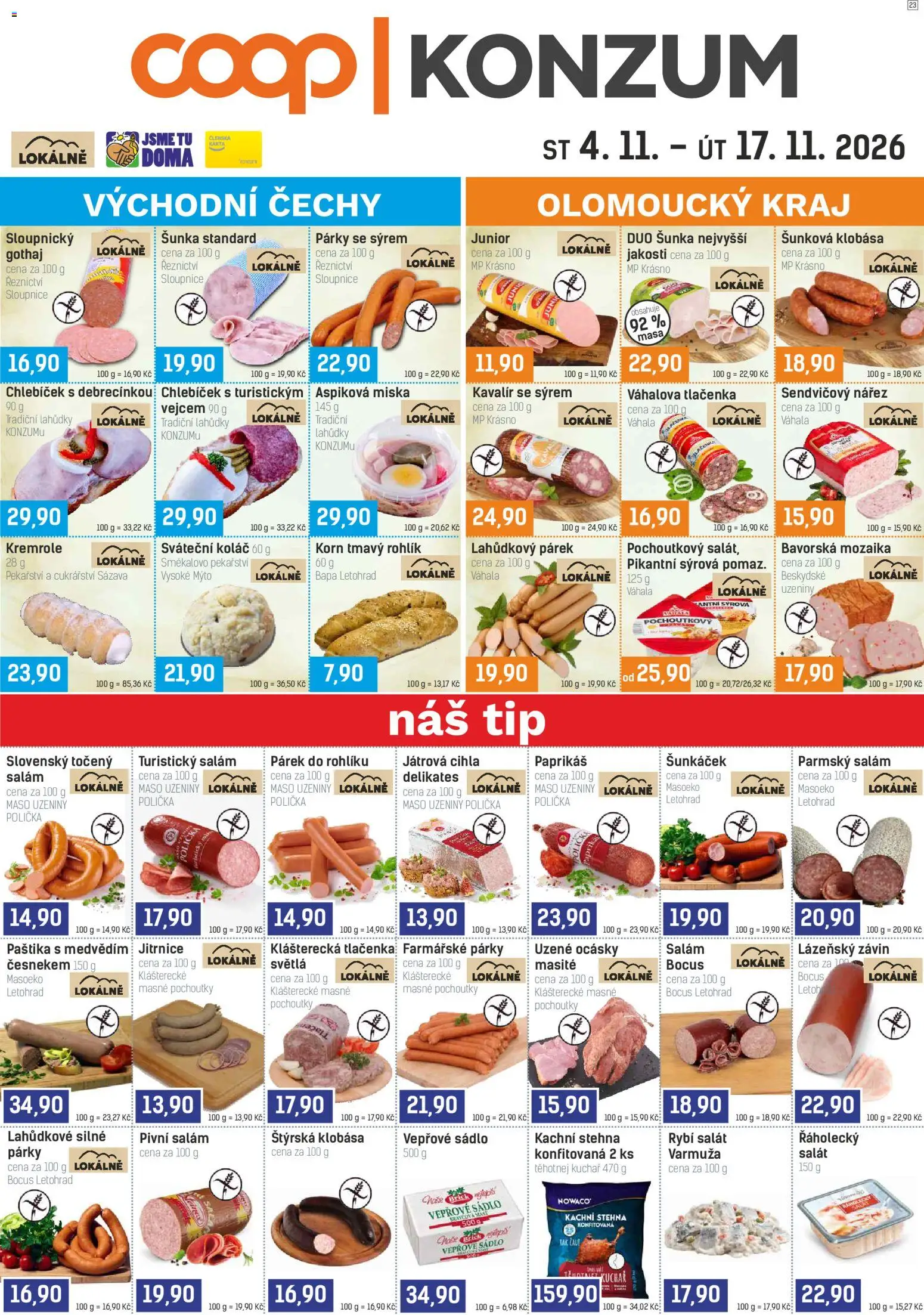 Náhled nabídky: Konzum Konzum leták platný od 04.11.2026 - Polička, Maso, Salám, Tlačenka, Párky, Gothaj, Uzeniny, Kachni stehna