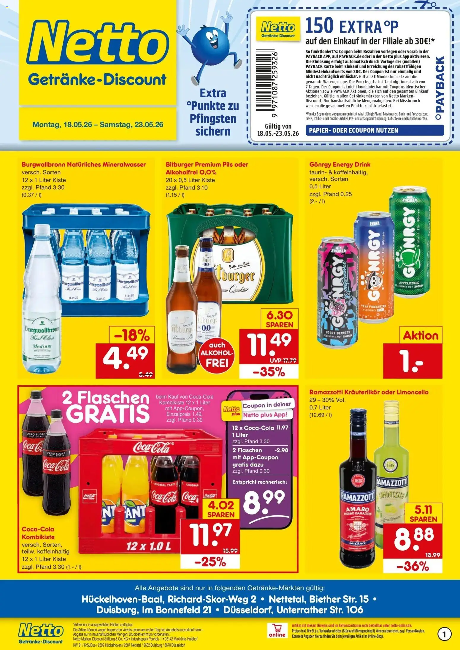 Vorschau von dem Prospekt des Geschäftes Netto Marken-Discount, gültig ab dem 18.05.2026 - Cola, Mineralwasser, Alkohol, Limoncello, Ramazzotti, Energy, Bitburger, Pils