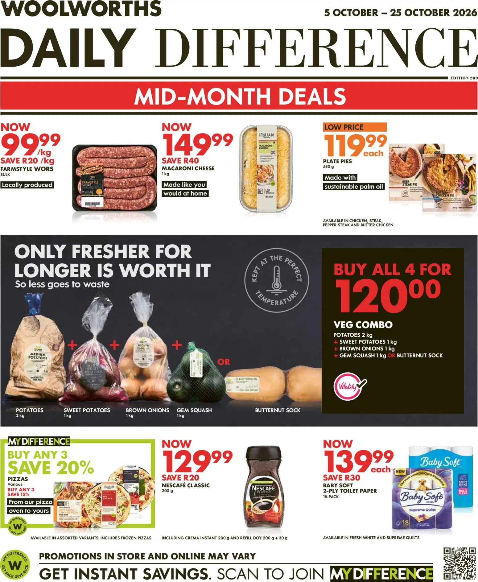 Preview of Woolworths flyer valid from 05/10/2026 - Toilet paper, Butter, Oil, Potatoes, Sweet potatoes, Paper, Squash, Pepper