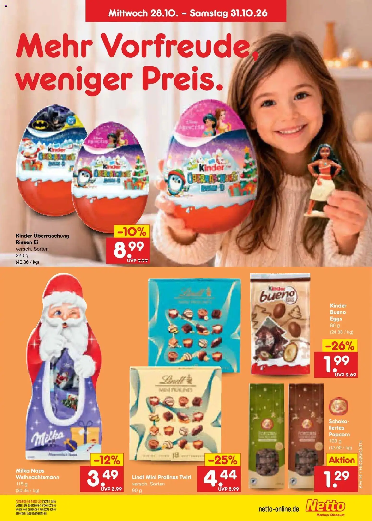 Vorschau von dem Prospekt des Geschäftes Netto Marken-Discount, gültig ab dem 28.10.2026 - Lindt, Milka, Popcorn, Kinder bueno