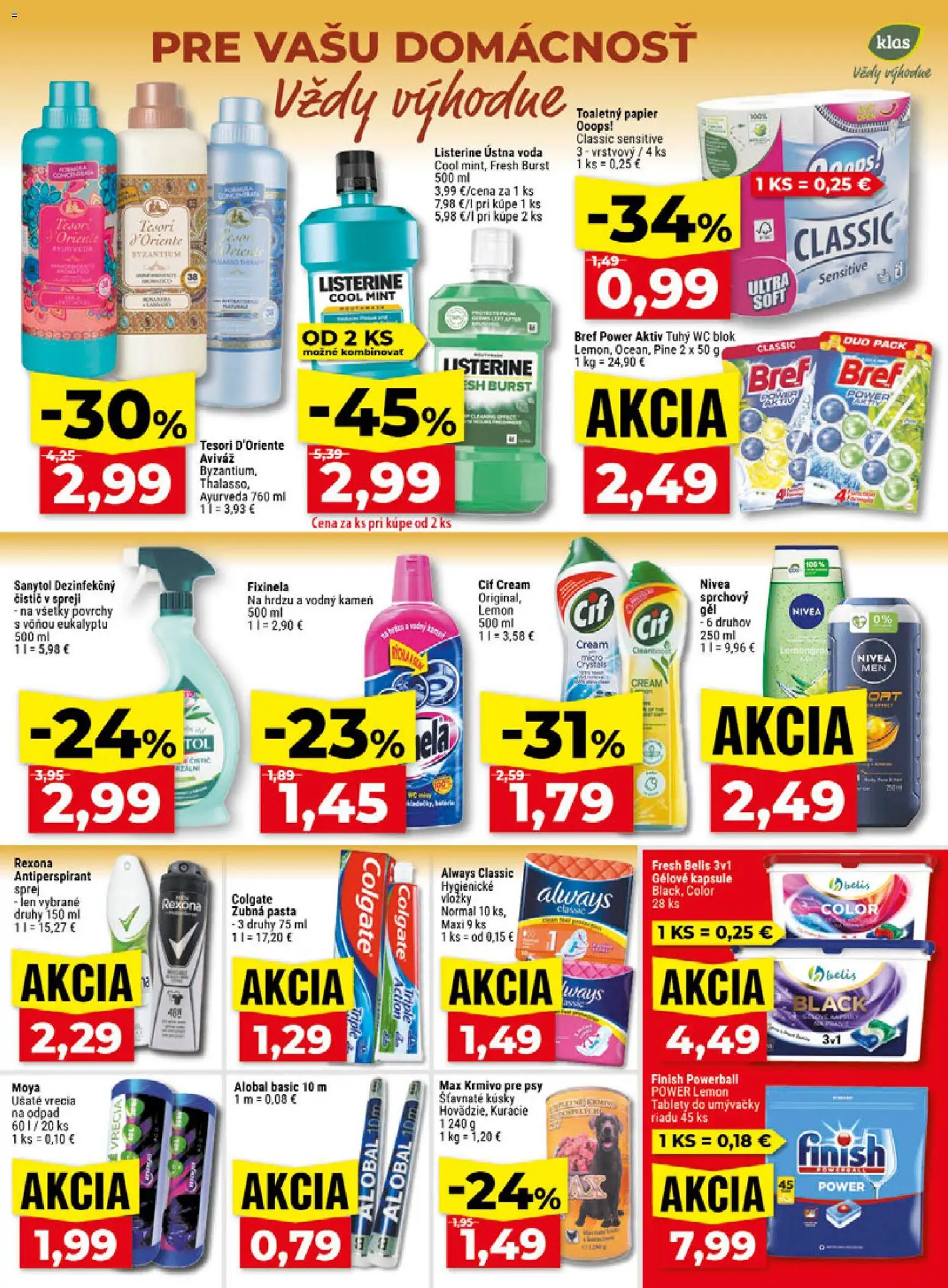 Náhľad Klas letáku platného od 02.11.2026 - Nivea, Toaletný papier, Antiperspirant, Listerine, Aviváž, Zubná pasta, Ústna voda, Wc blok