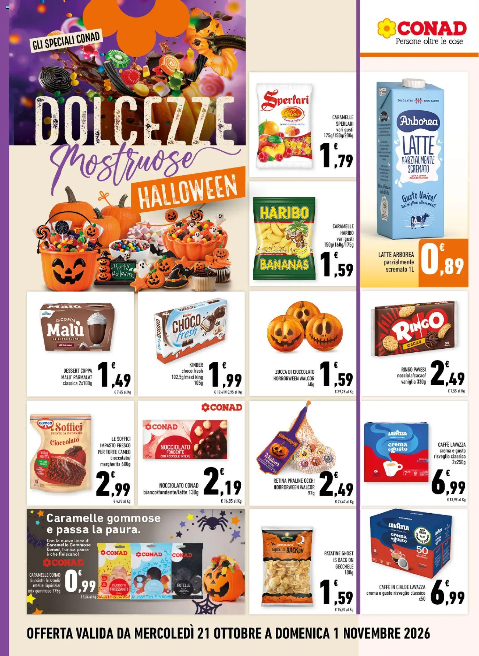 Anteprima dell'opuscolo Conad volantino Margherita Sicilia dal negozio Conad valido da 21/10/2026 - Caffè, Zucca, Cioccolato, Patatine, Caffè in cialde, Nocciole, Vaniglia, Cialde