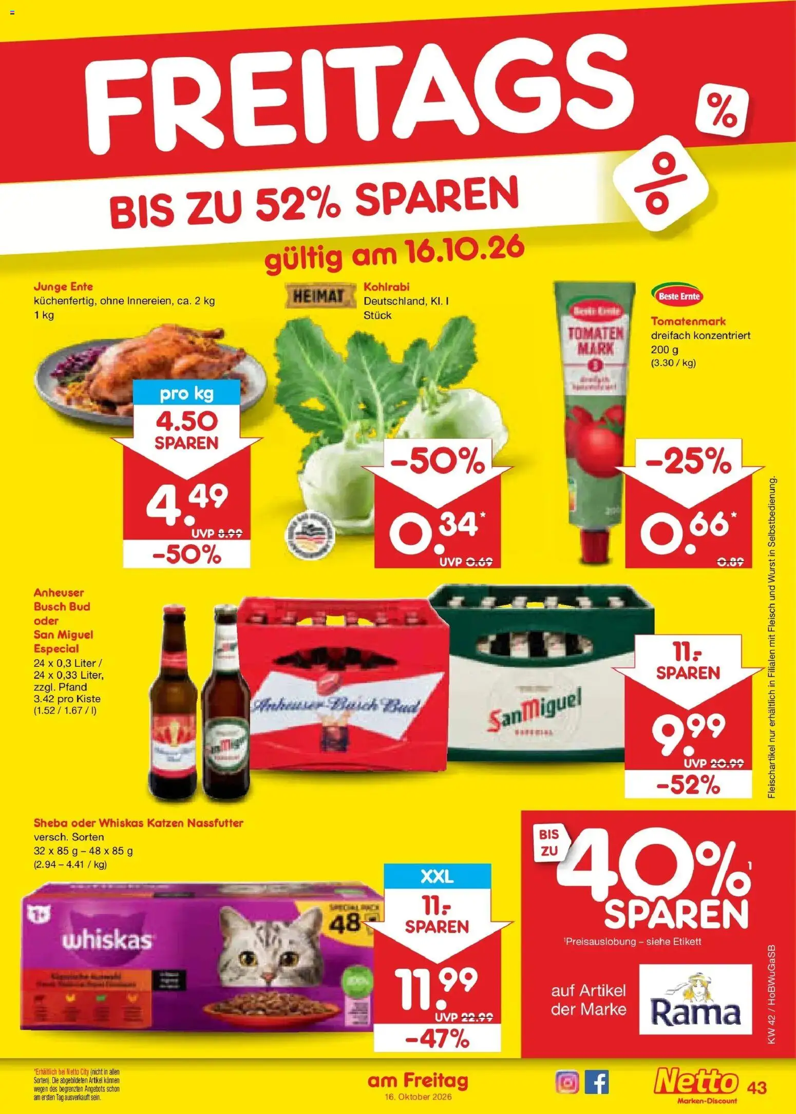 Vorschau von dem Prospekt des Geschäftes Netto Marken-Discount, gültig ab dem 12.10.2026 - Wurst, Kohlrabi, Ente, Fleisch, Tomaten, Rama, Whiskas, Sheba