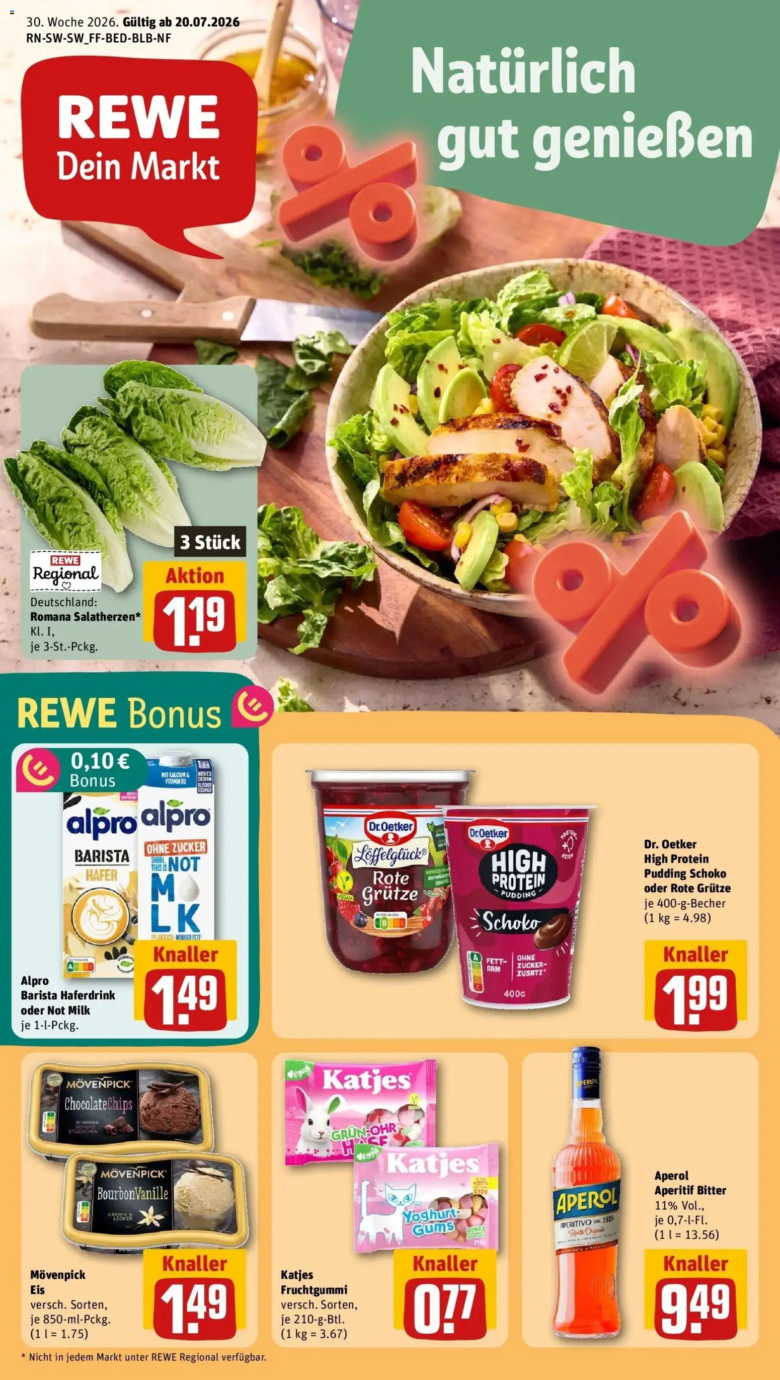 Vorschau von dem Prospekt des Geschäftes Rewe, gültig ab dem 20.07.2026 - Aperol, Katjes, Zucker, Pudding, Alpro, Haferdrink