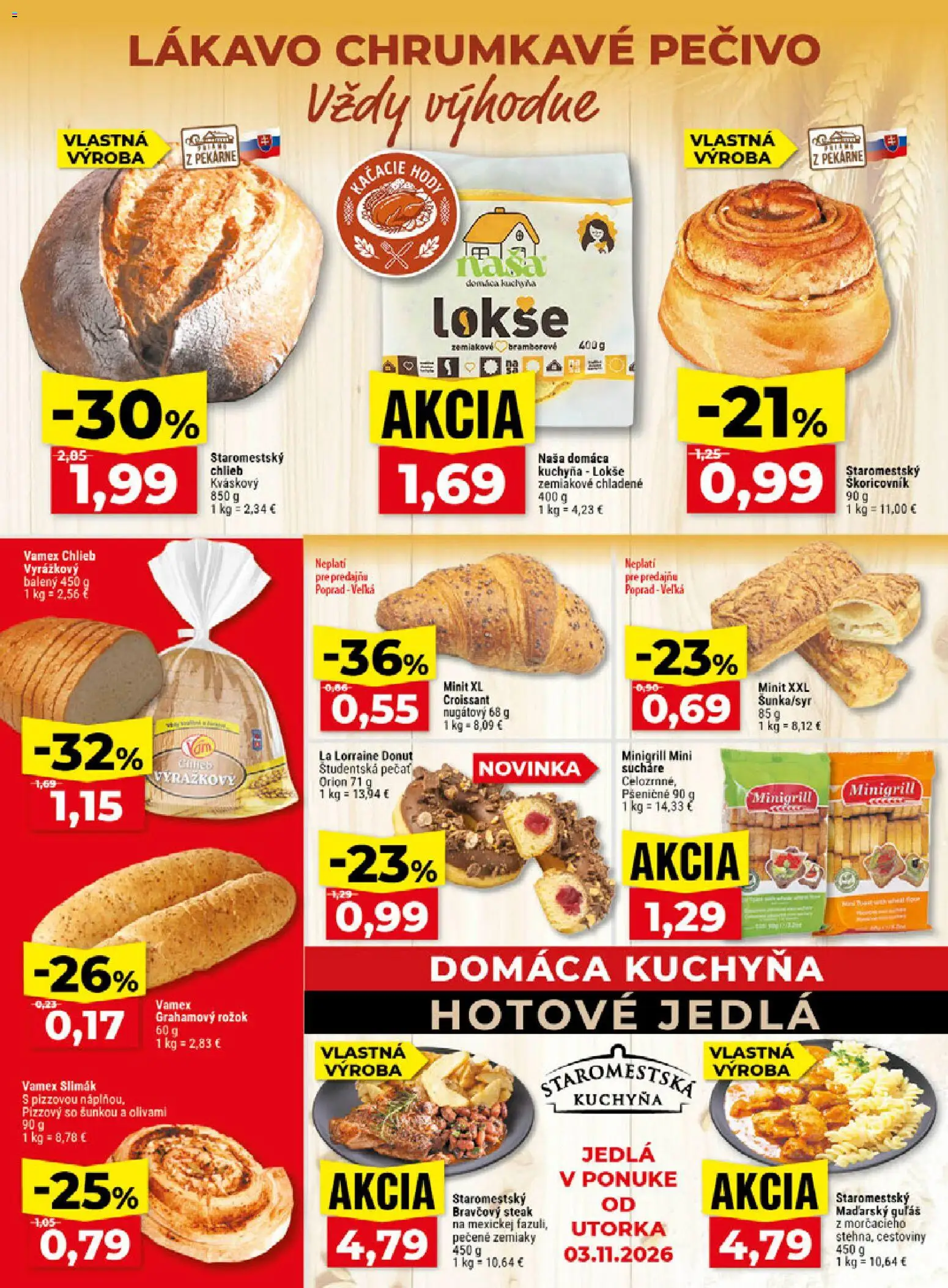 Náhľad Klas letáku platného od 02.11.2026 - Kuchyňa, Cestoviny, Steak, Croissant, Chlieb, Donut, Zemiaky, Bravčový steak