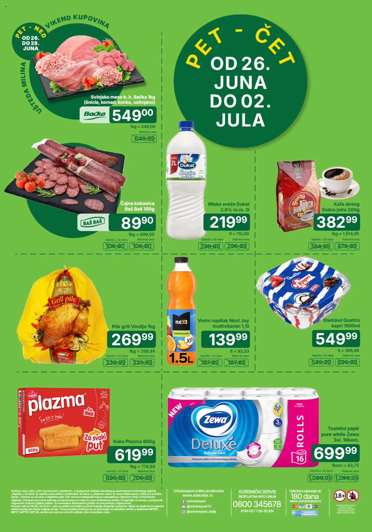 Pregled Univerexport kataloga - važi od 26.06.2026 - Sladoled, Sto, Keks, Mleko, Kobasica, Svinjsko meso, Grill pile, Plazma