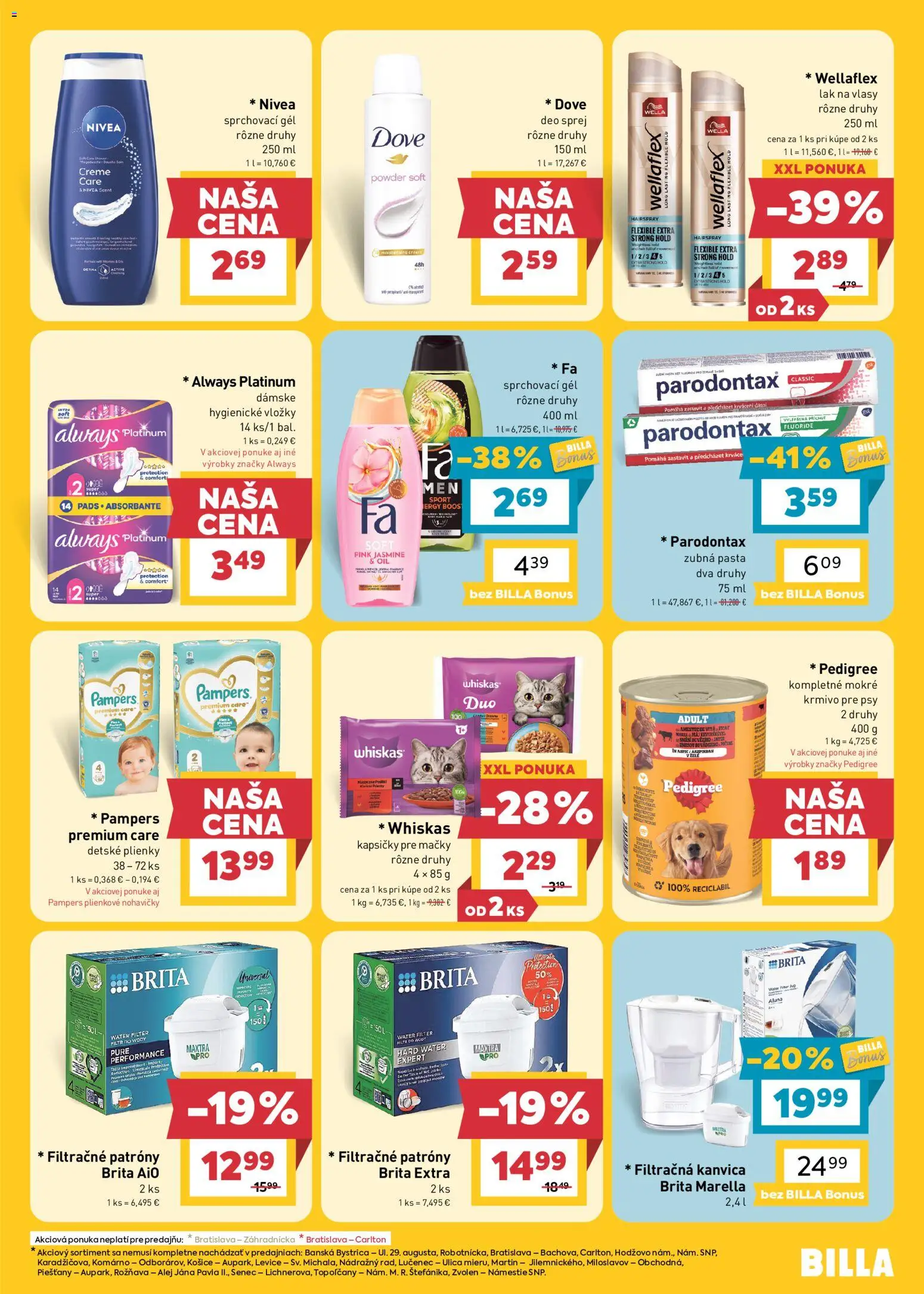 Náhľad Billa letáku platného od 28.10.2026 - Nivea, Pampers, Filtračná kanvica, Lak na vlasy, Whiskas, Whiskas kapsičky, Detské plienky, Kapsičky